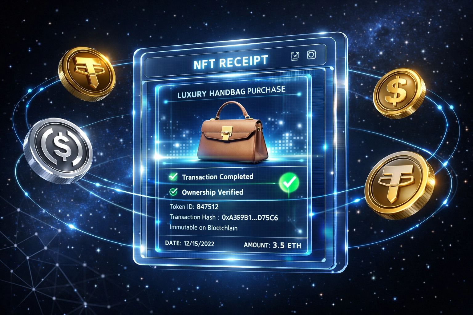 Digital wallet showing NFT receipt with stablecoin tokens and blockchain verification for crypto payments