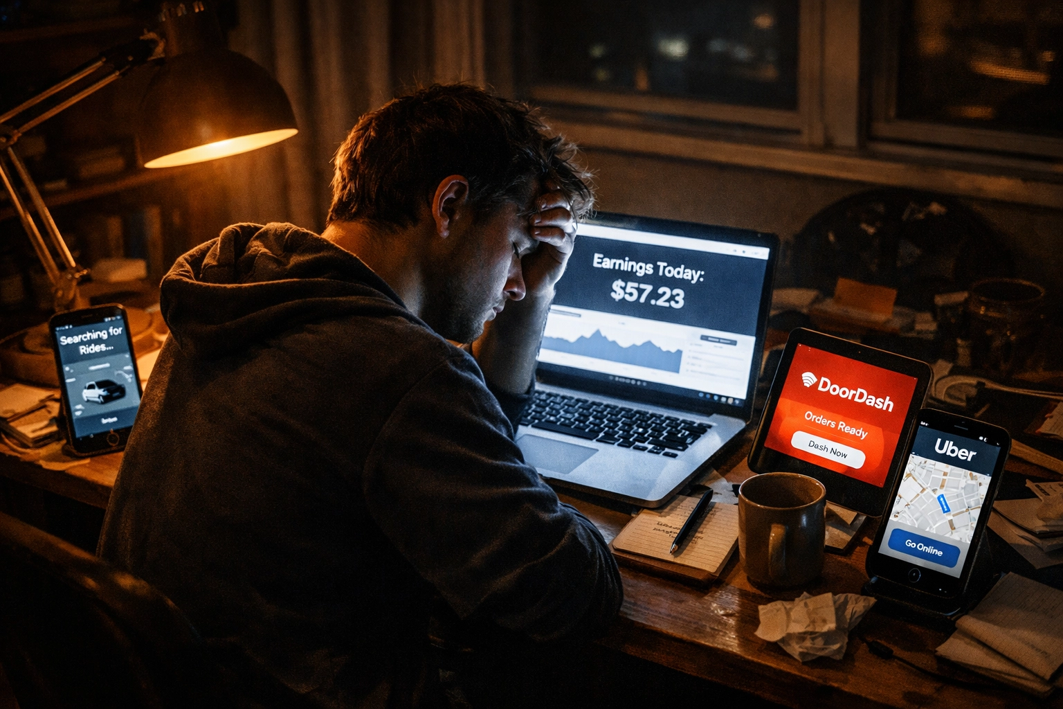 Tired freelancer working late at cluttered desk, illustrating the exhausting reality of side hustle culture