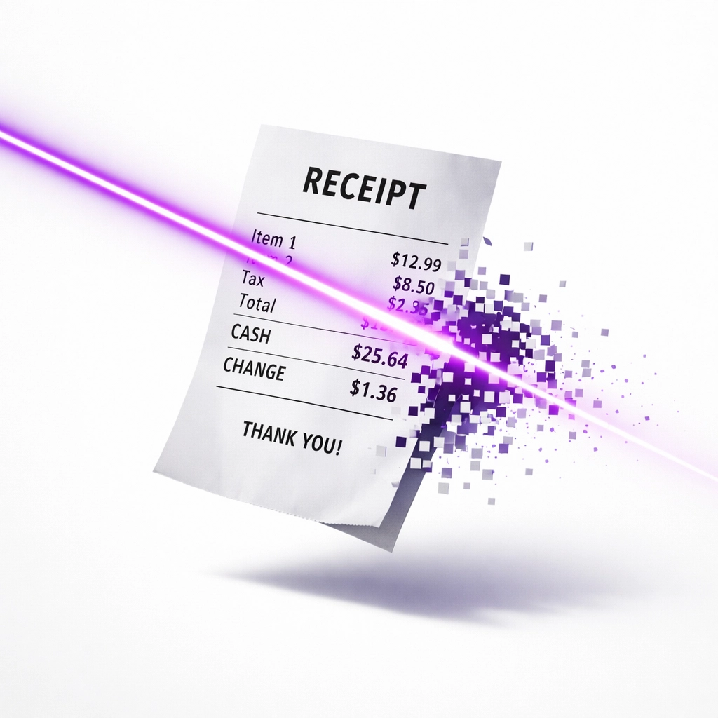 Digitizing a paper receipt with a laser to illustrate AI-driven expense management and bookkeeping services.