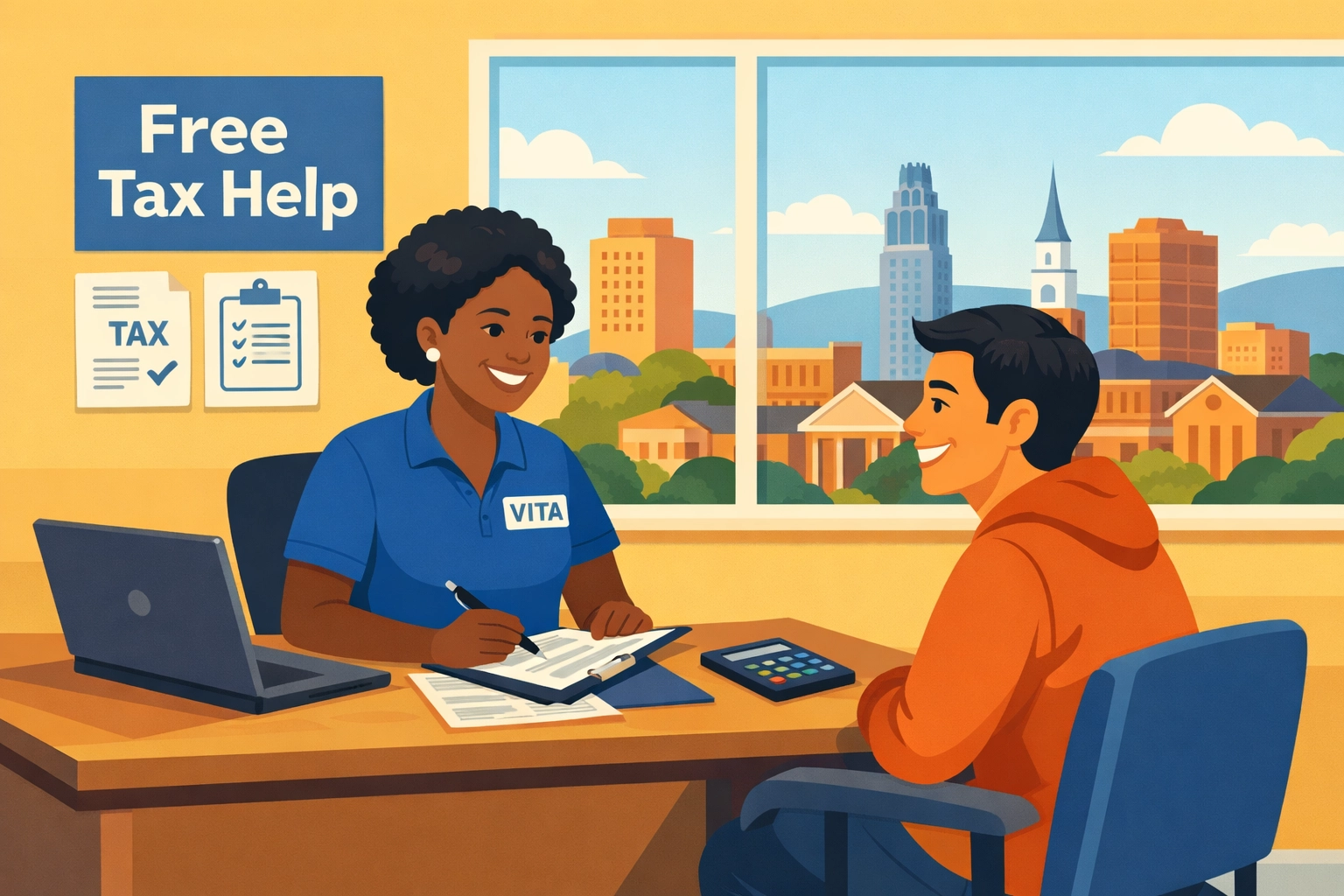 VITA volunteer helping New Haven resident with free in-person tax preparation