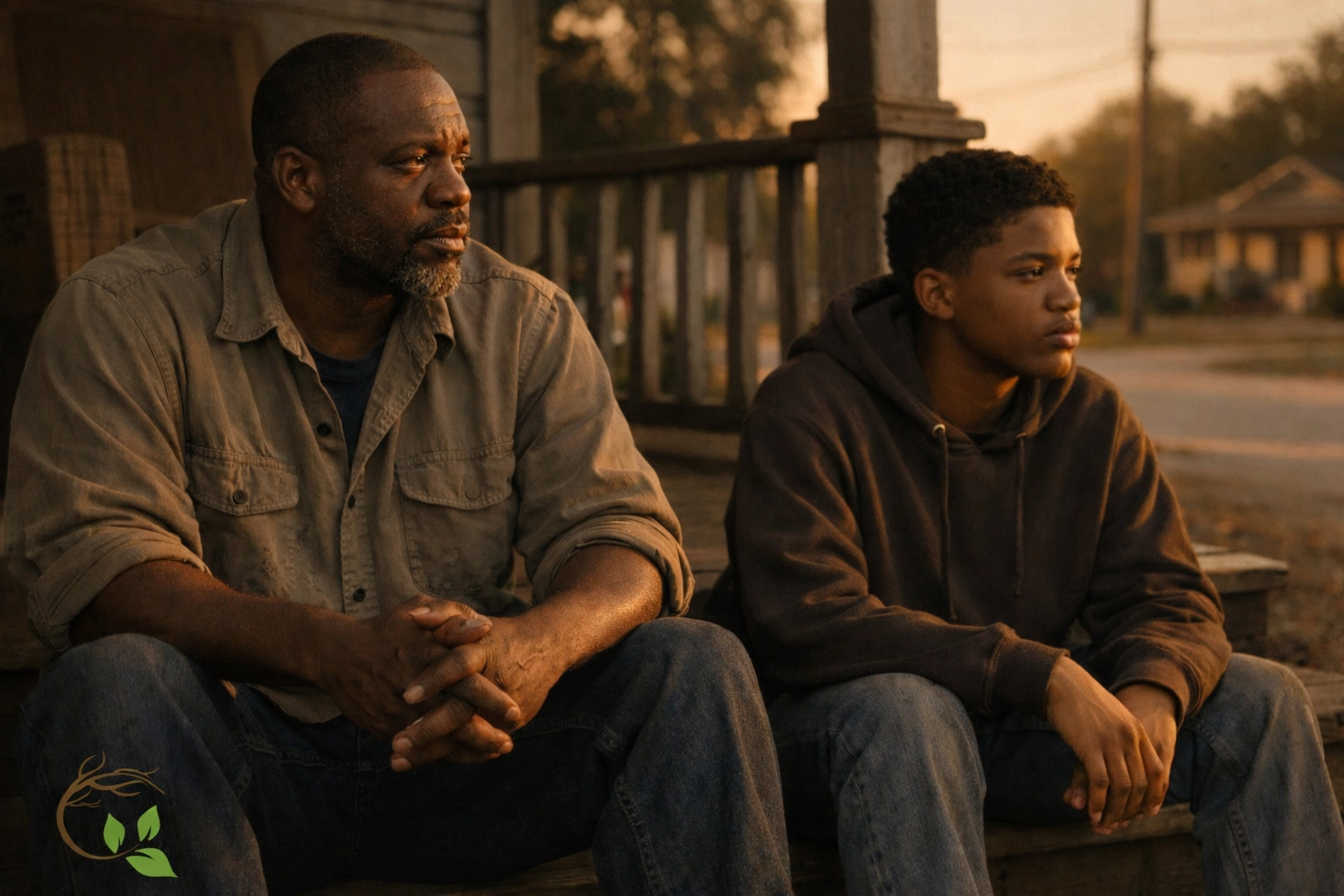 Black father and teenage son sitting apart on porch showing emotional distance