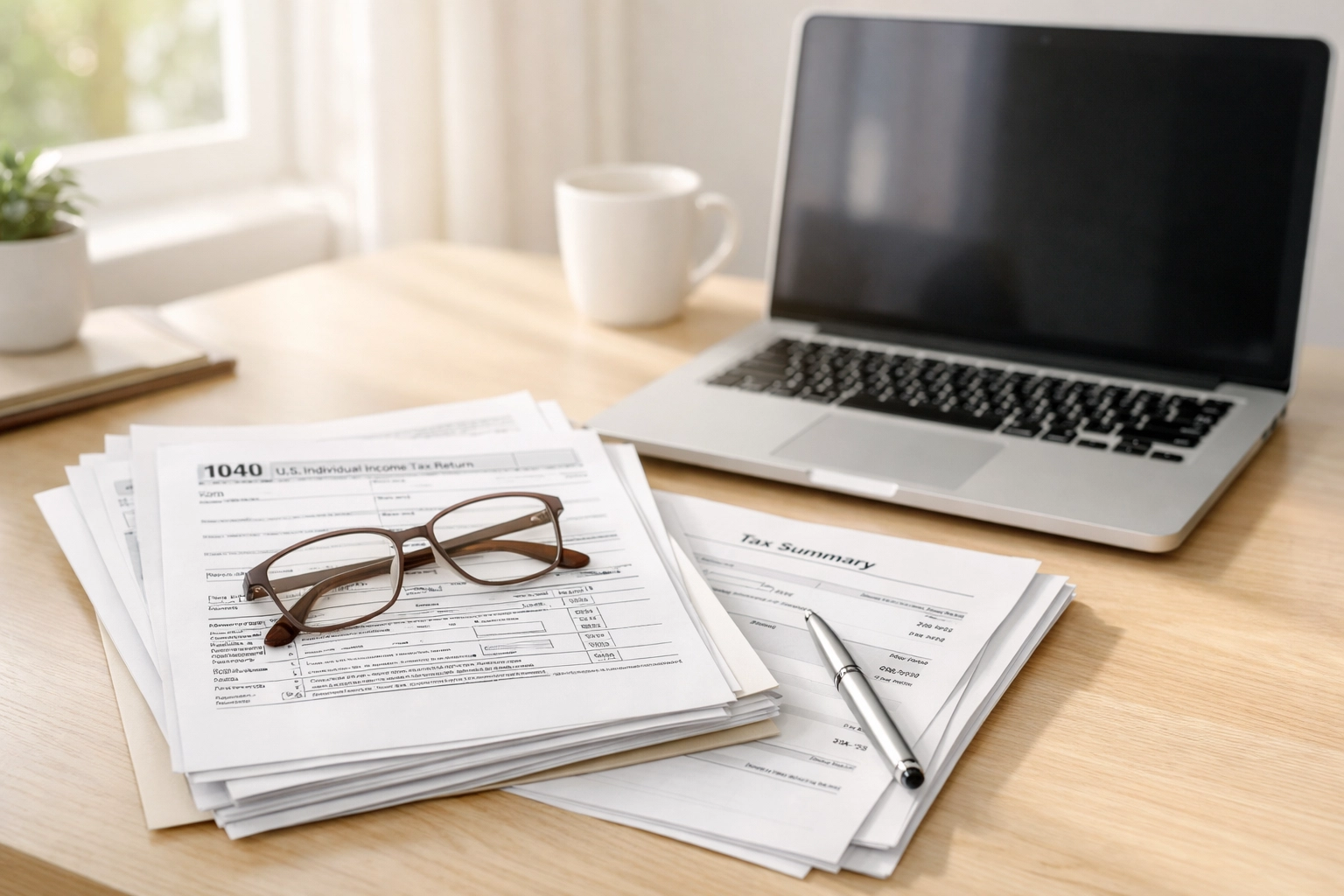 Organized 2026 tax forms and documents prepared for client returns on professional desk