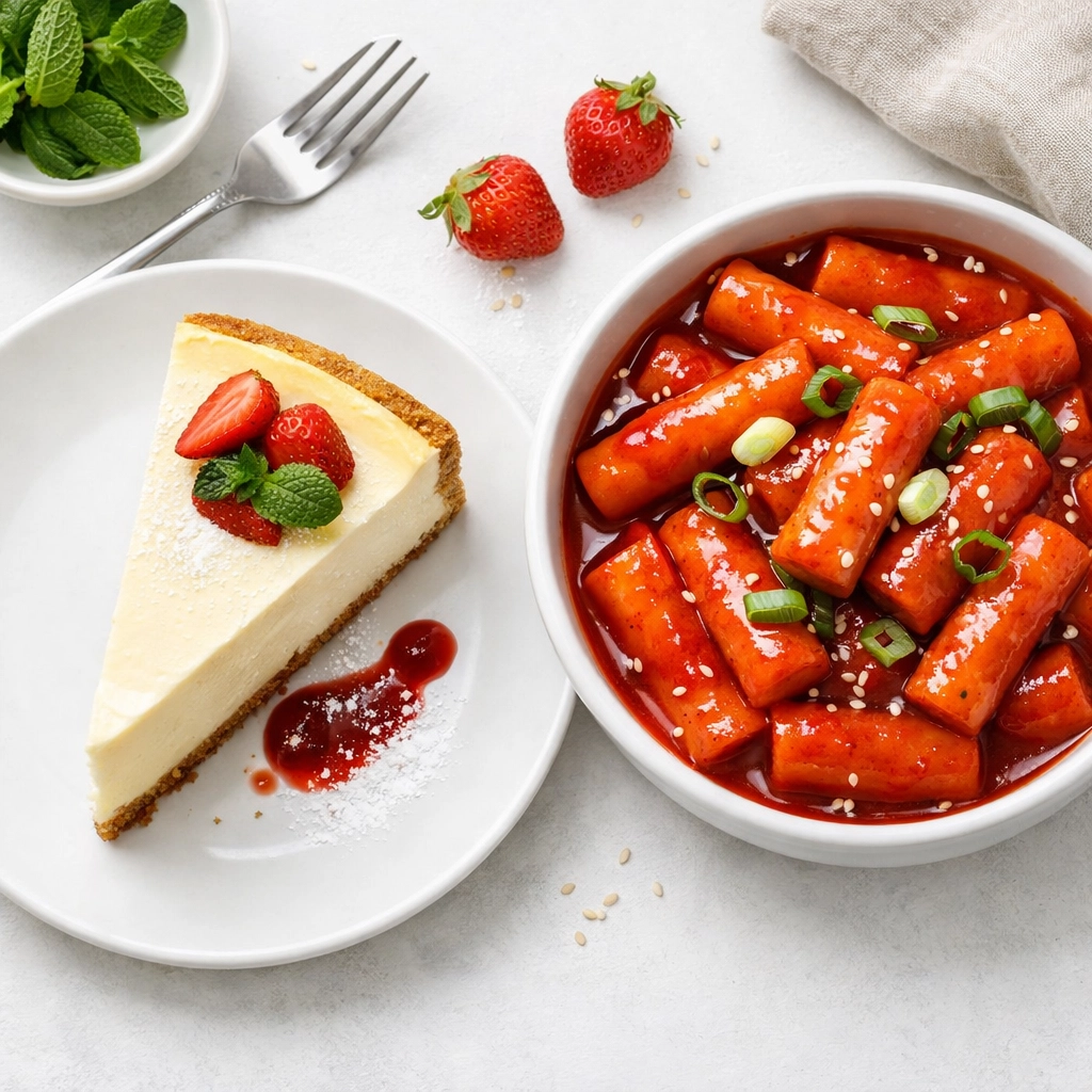 Gourmet cheesecake slice paired with spicy tteokbokki showing Sweet Seoul's fusion menu