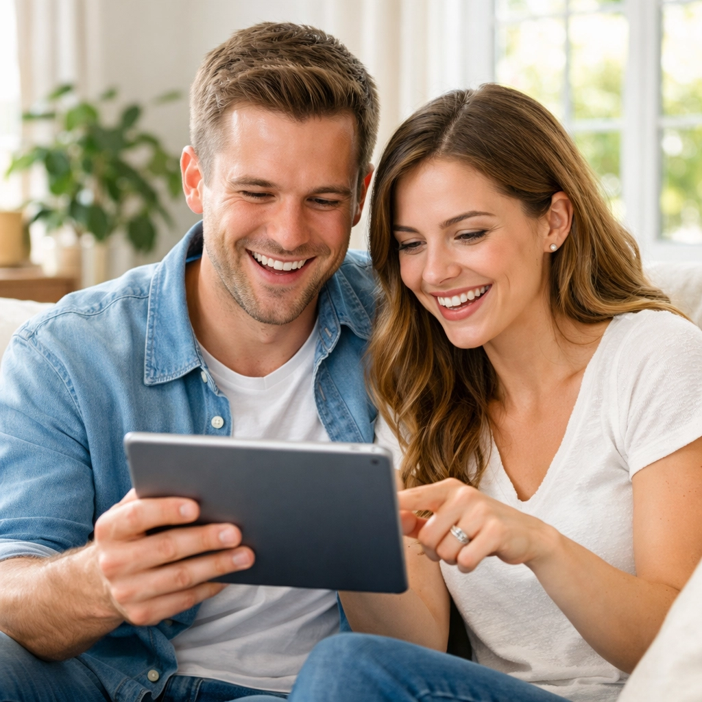 An engaged couple smiles while using a tablet to set up their debt-free wedding funding page.