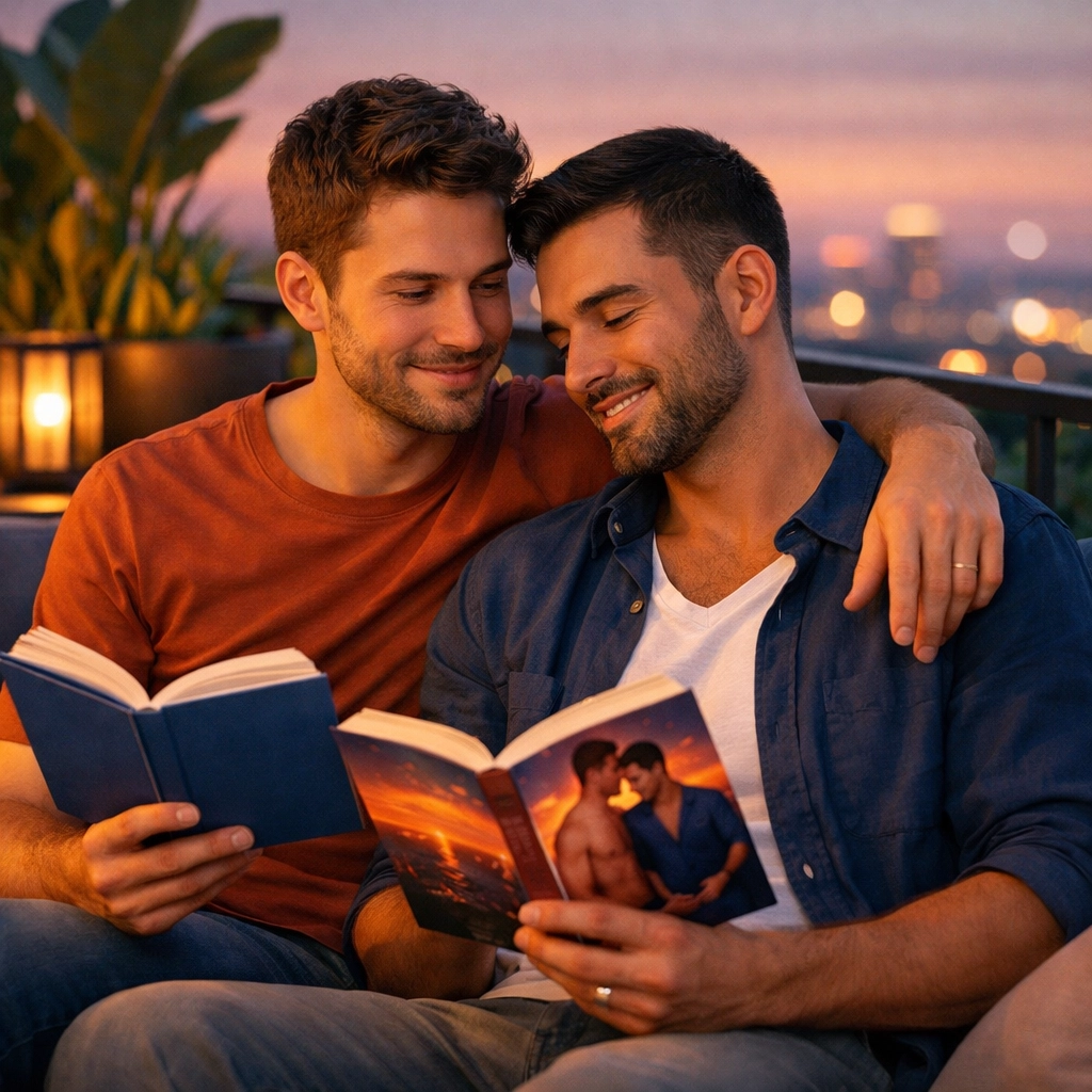 Two gay men sitting together on a terrace reading MM romance books, enjoying queer book club hobbies.