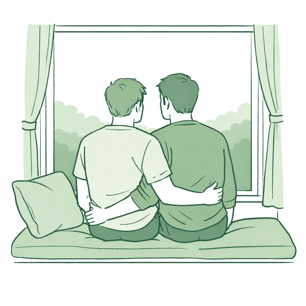 Two men in a peaceful, non-sexual partnership, illustrating a romantic asexual connection on a window seat.