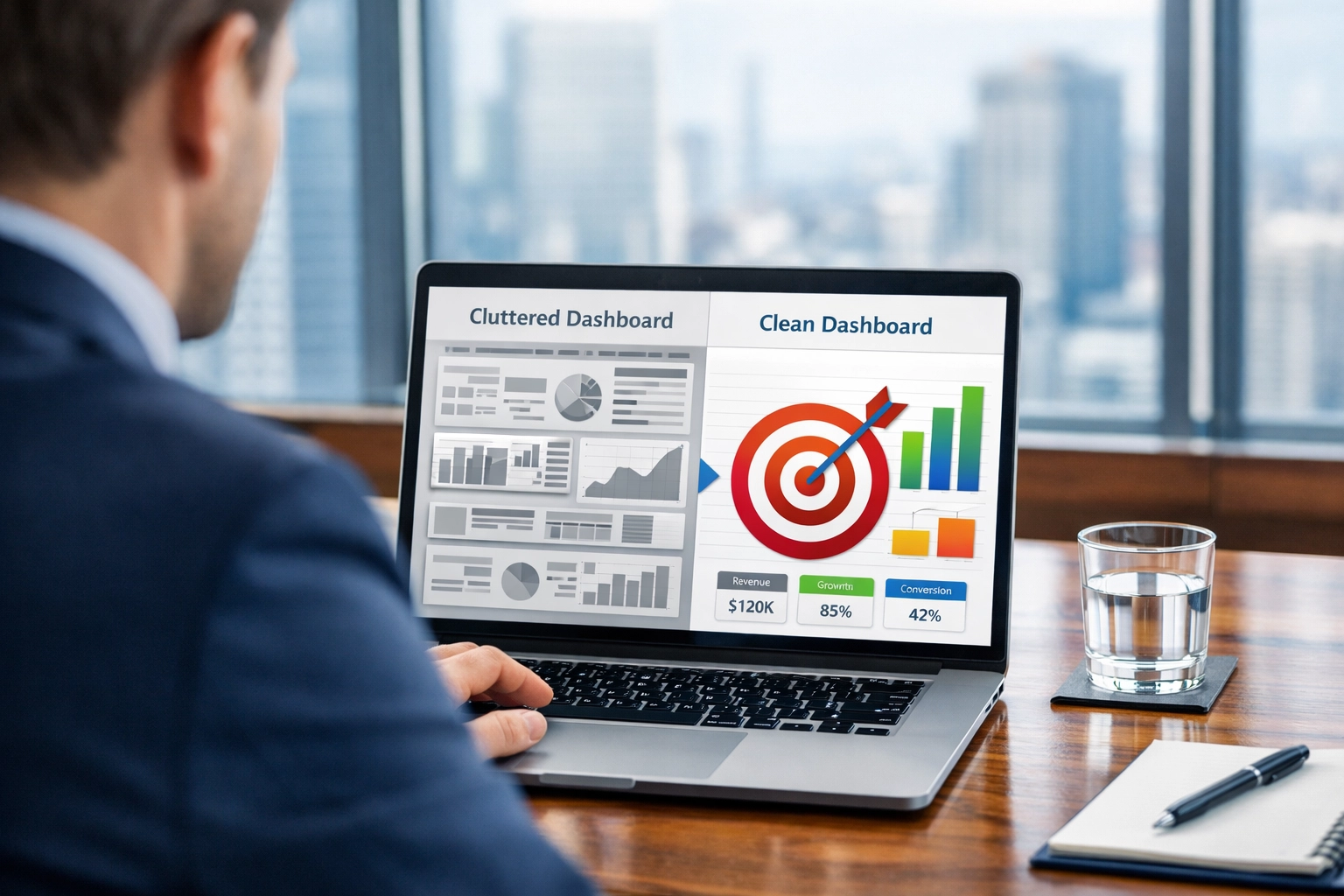 Business leader comparing recruitment models and staffing agency metrics on a digital dashboard.