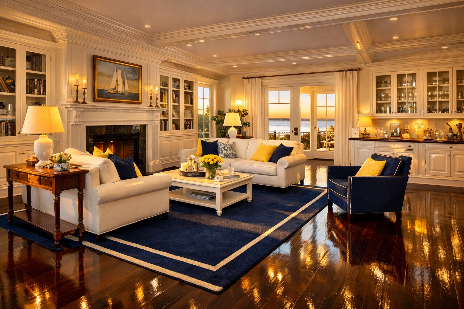 Pristine coastal estate living room in Duxbury featuring dust-free surfaces and expert luxury house cleaning.