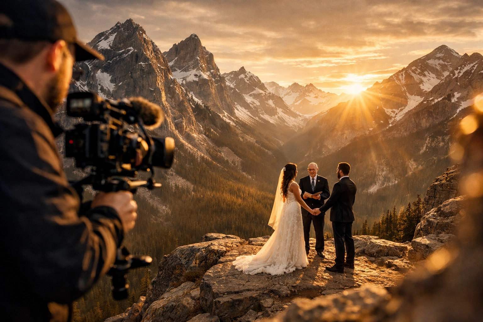 Intimate Banff elopement ceremony on a mountain ledge with a professional videographer and stunning Rocky Mountain views.