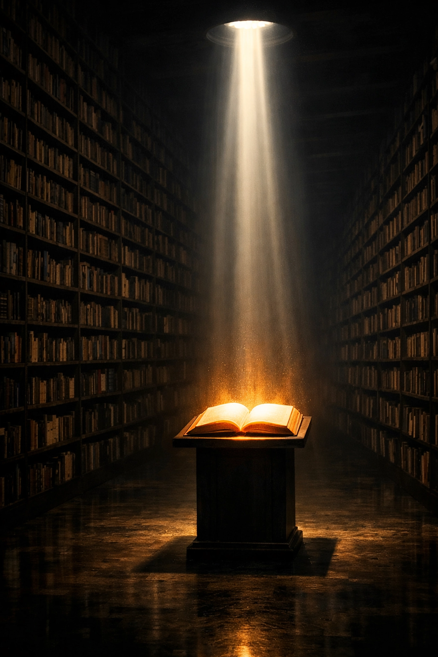 A glowing book in a vast library representing AI selecting the most relevant search source