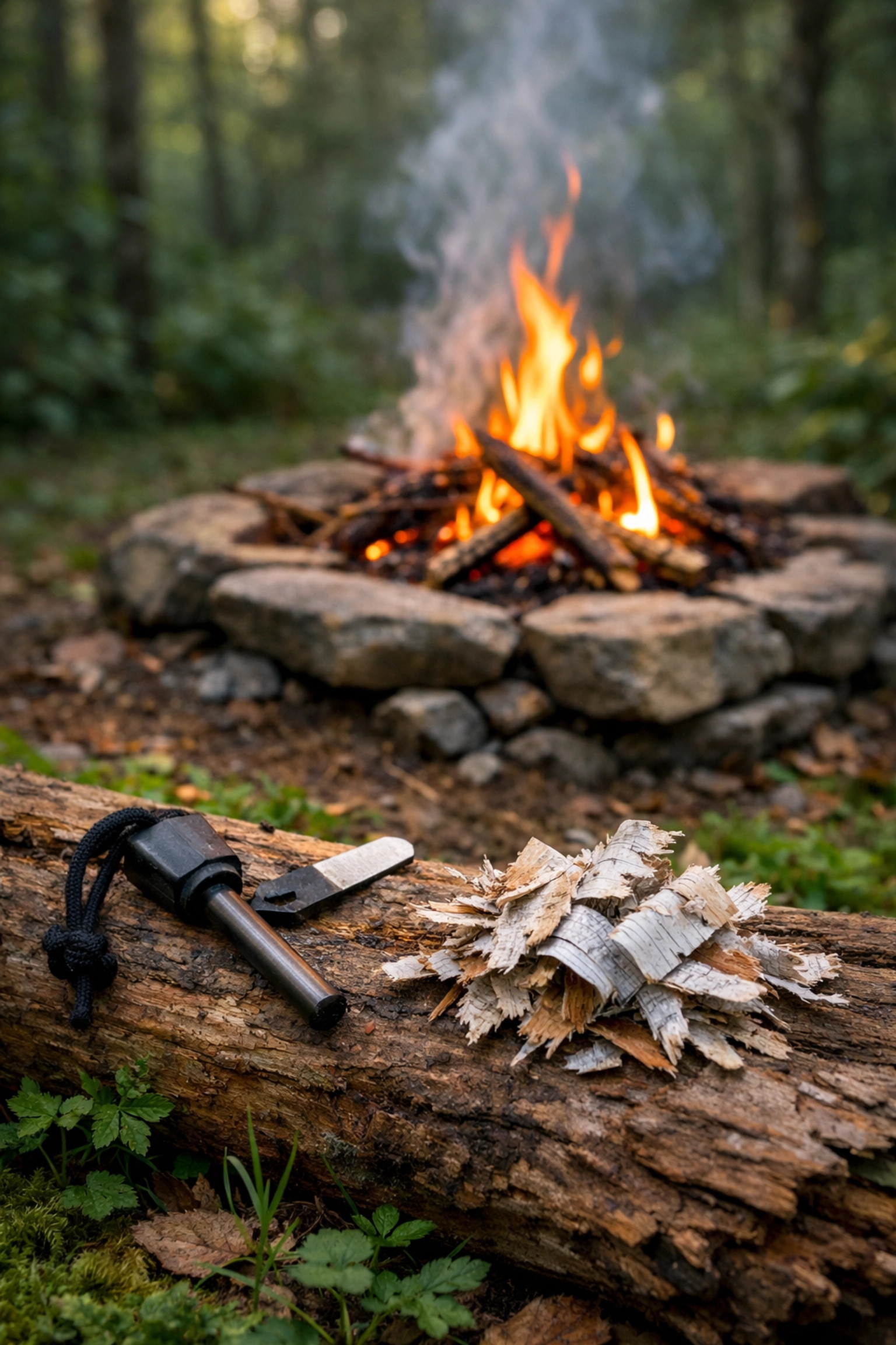 Small campfire and ferrocerium rod fire-starting kit on a mossy log.
