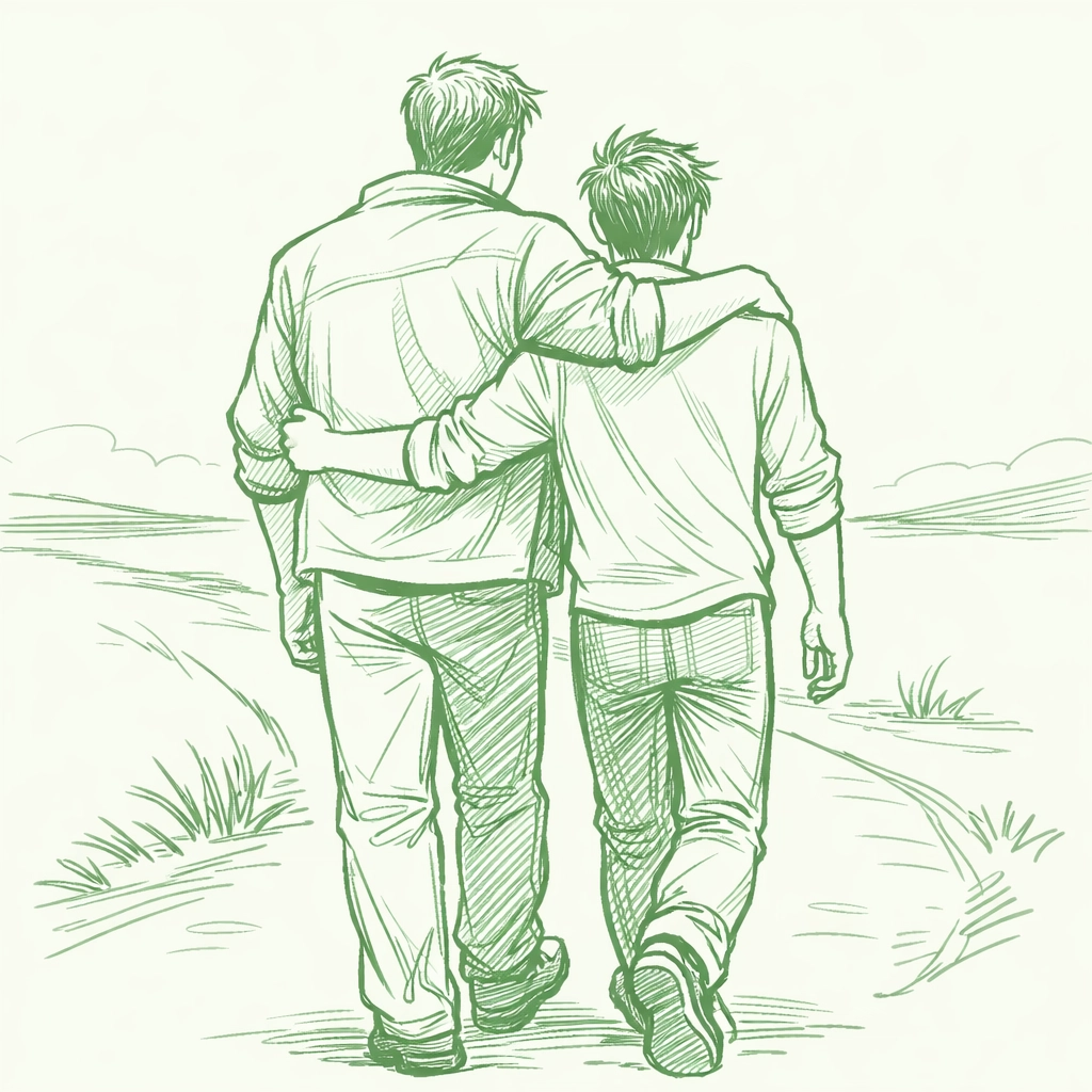 MM couple walking together showing size contrast and partnership in gay romance relationship