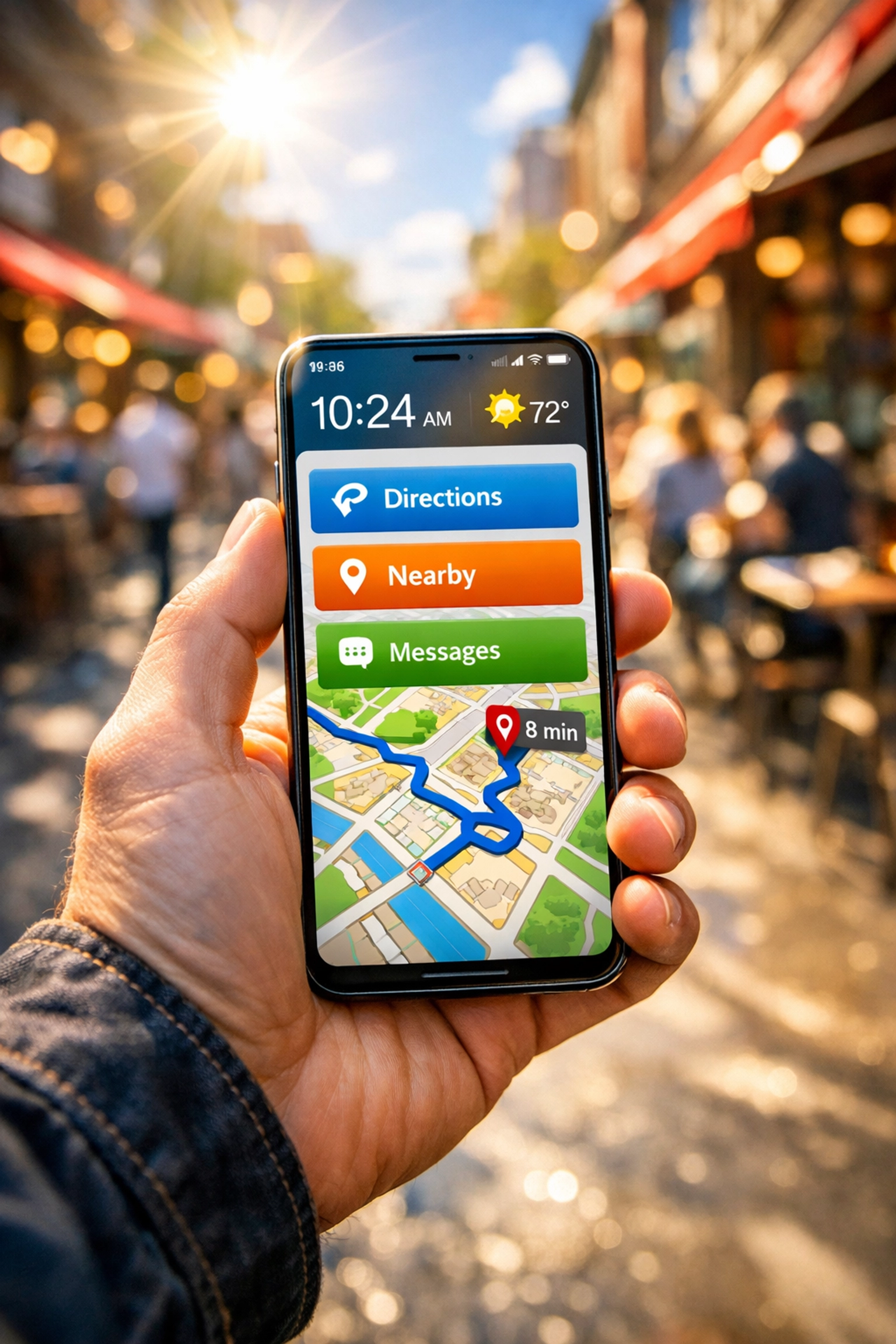 User navigating a fast, mobile-friendly business website with a local map on a smartphone in a city.