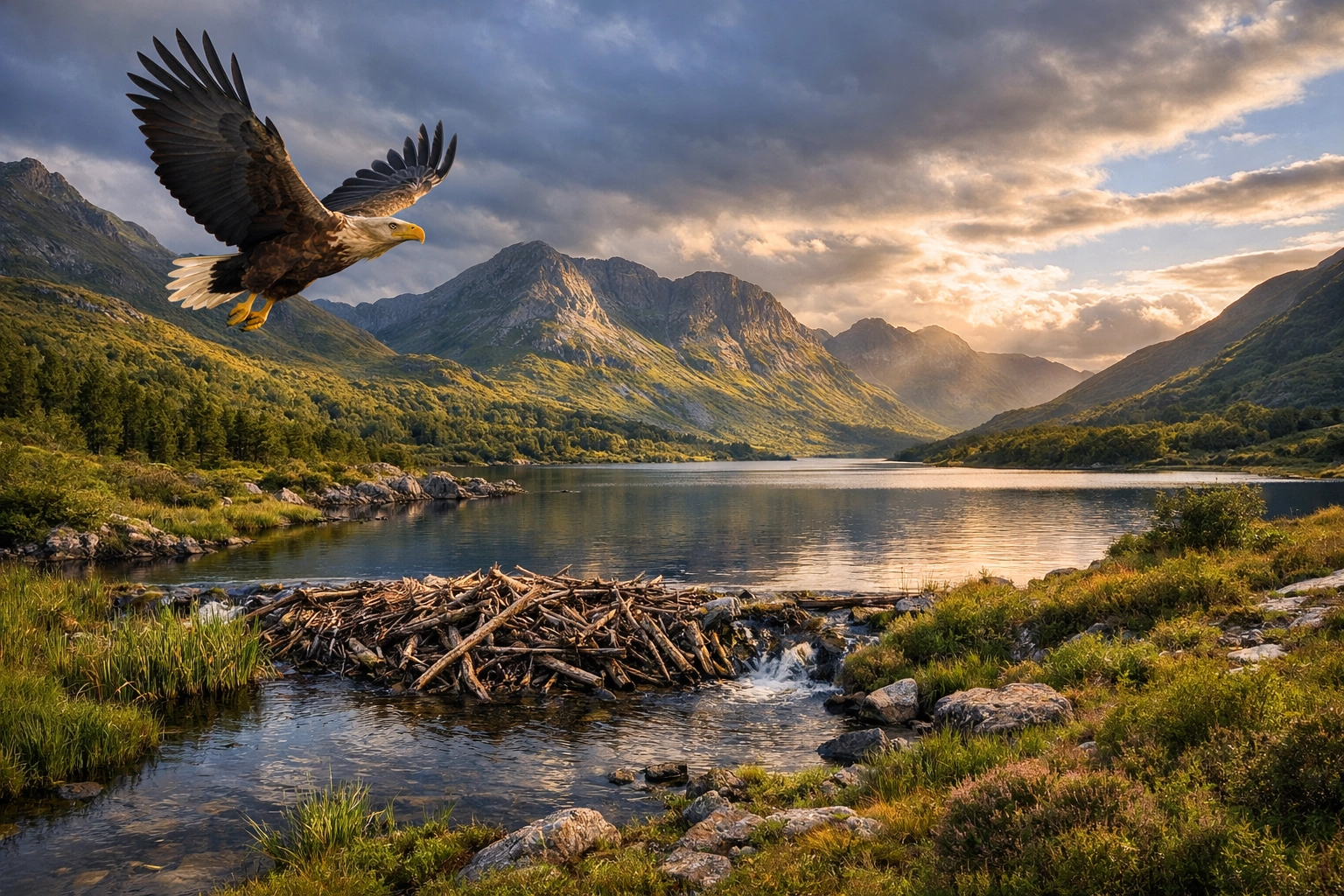 White-tailed eagle soaring over Scottish Highlands loch with beaver dam, showing rewilded ecosystem