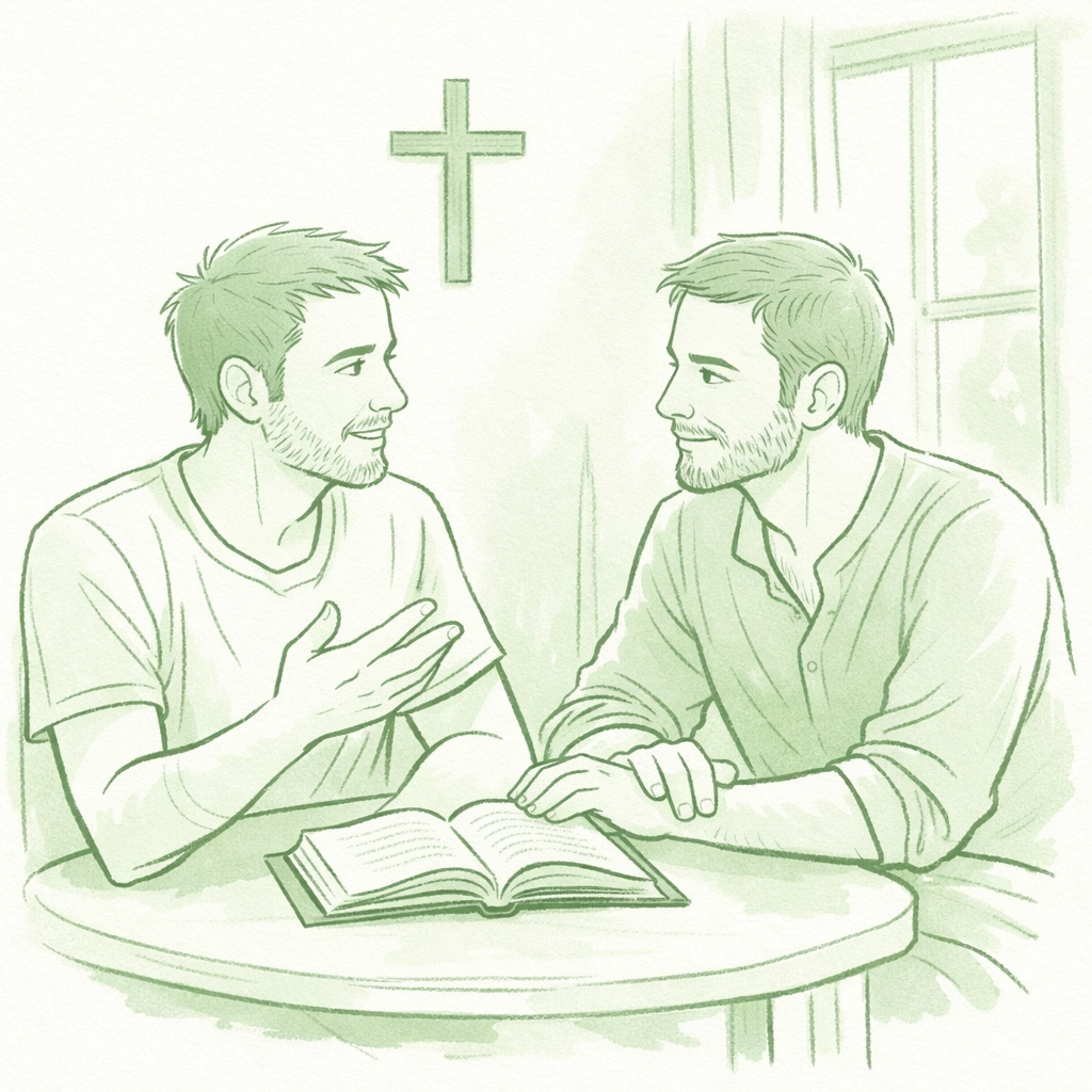 Gay couple having spiritual discussion at home with open book and cross on wall