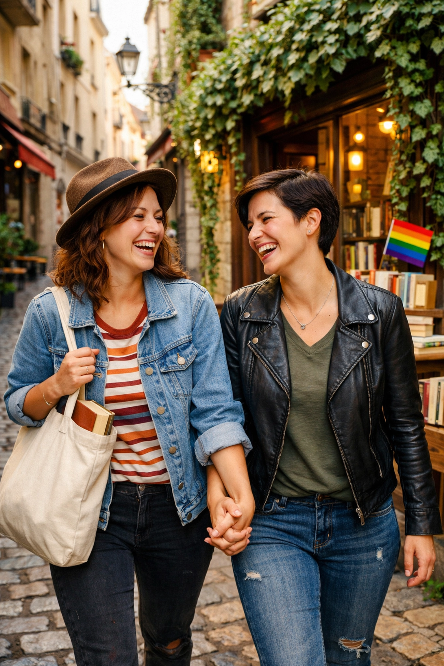 Lesbian couple holding hands and laughing while exploring a queer-friendly city, highlighting LGBTQ+ travel joy.