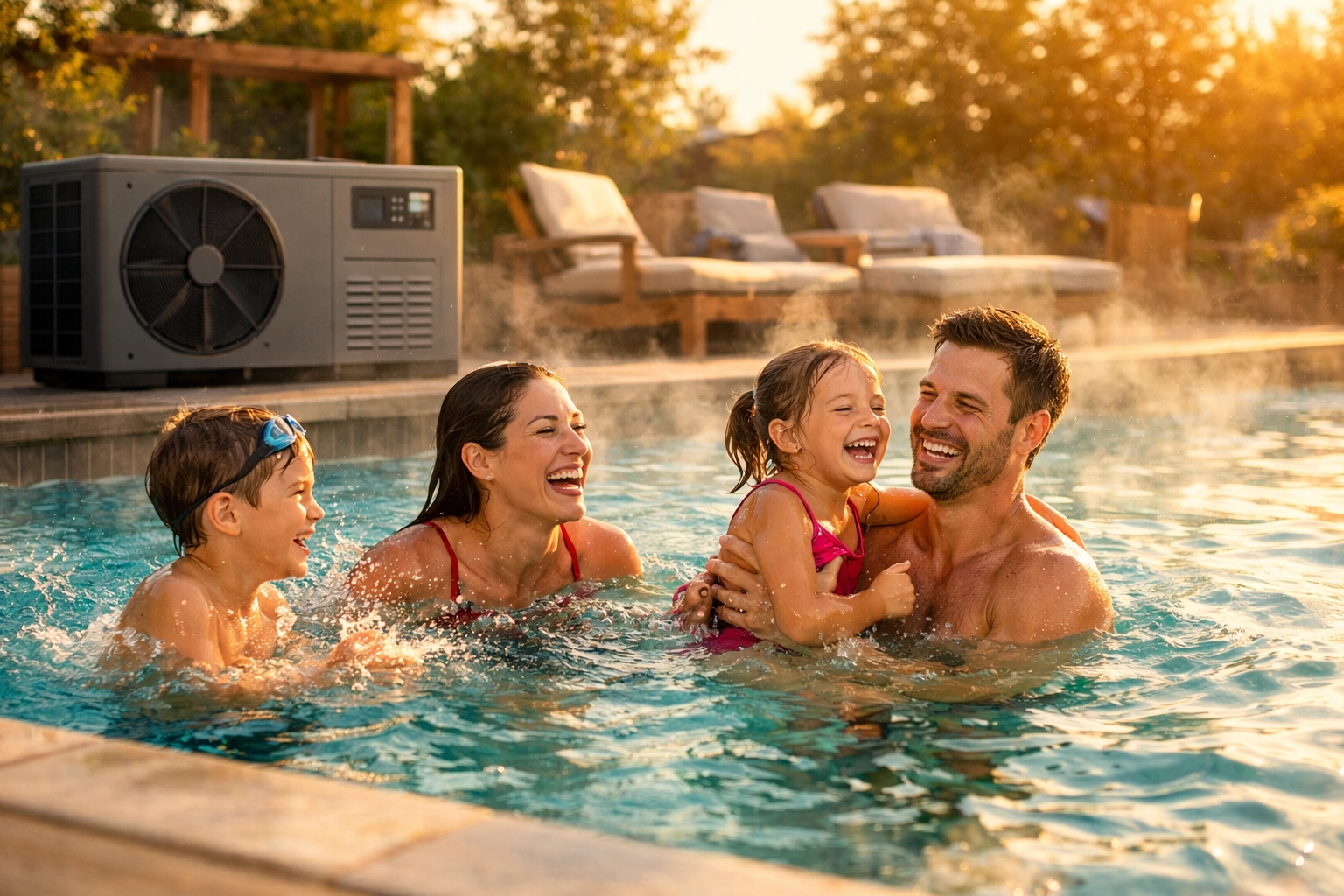 Family enjoying warm swimming pool thanks to properly maintained pool heater