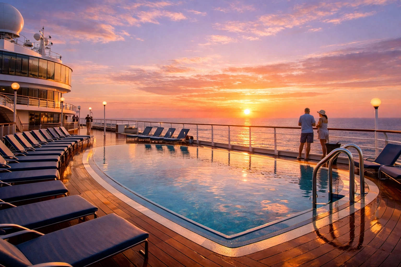 Cruise ship pool deck at sunrise ready for first-time cruisers to enjoy on embarkation day