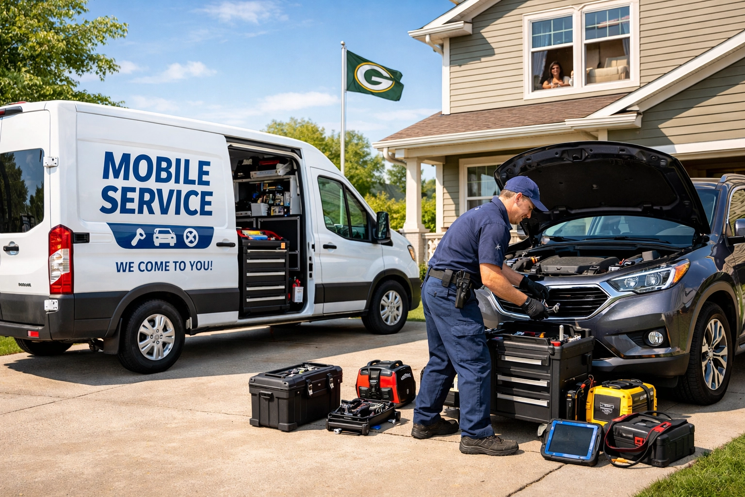 Convenient mobile mechanic near me servicing a vehicle in a Green Bay suburban driveway.