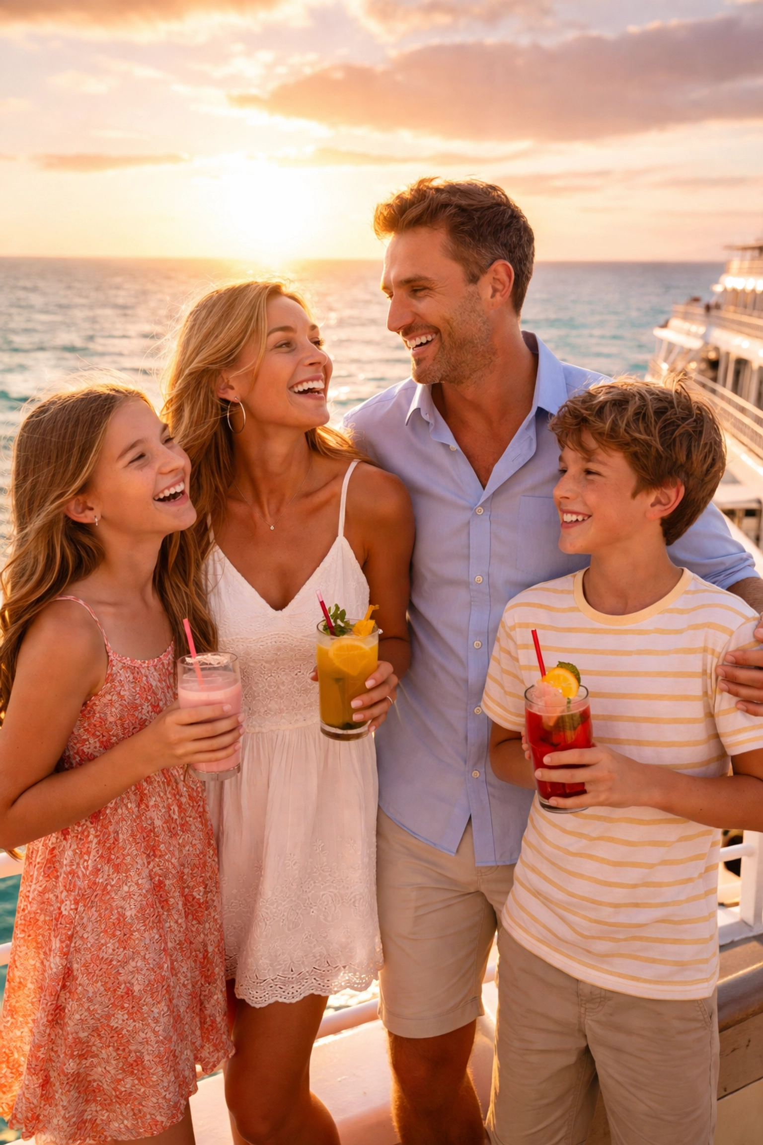 Happy family relaxing on a cruise ship deck at sunset, illustrating stress-free vacations with a travel agent