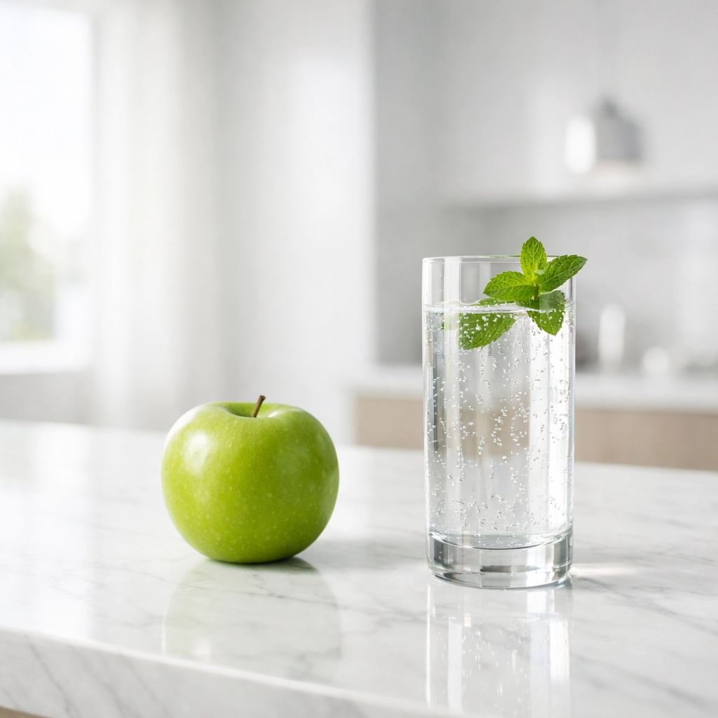 Healthy meal habits and satiety symbolized by a green apple and water during GLP 1 weight loss treatment.