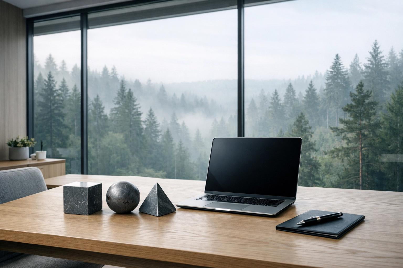 Minimalist office with geometric blocks representing freelance business tax structures and math.