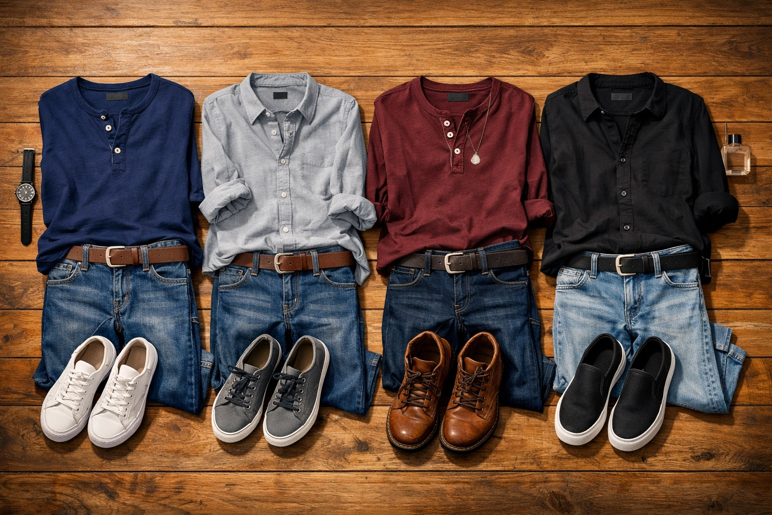 Four outfit choices laid out for nervous first date preparation