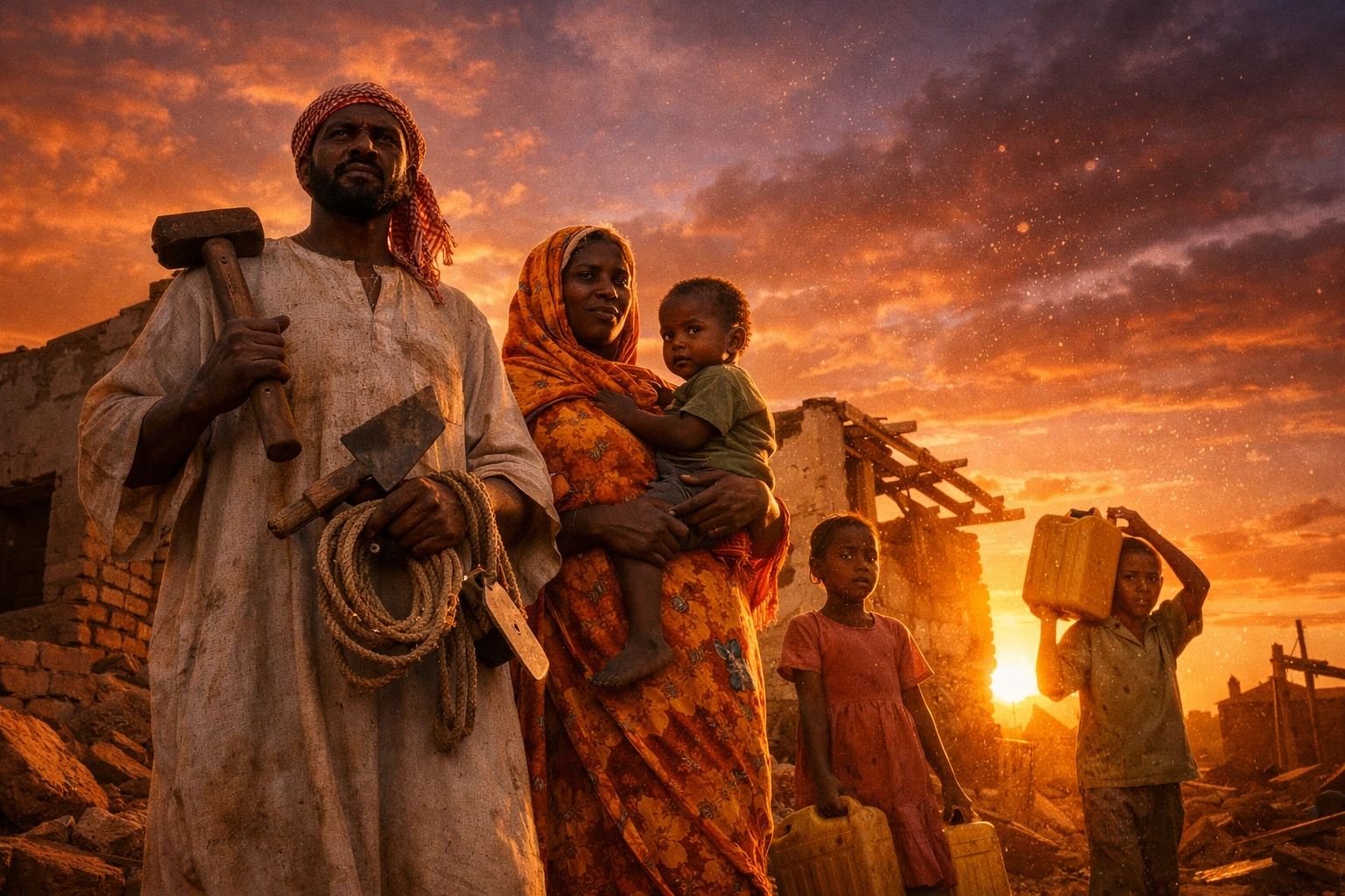Sudanese family rebuilding damaged home showing resilience amid humanitarian crisis