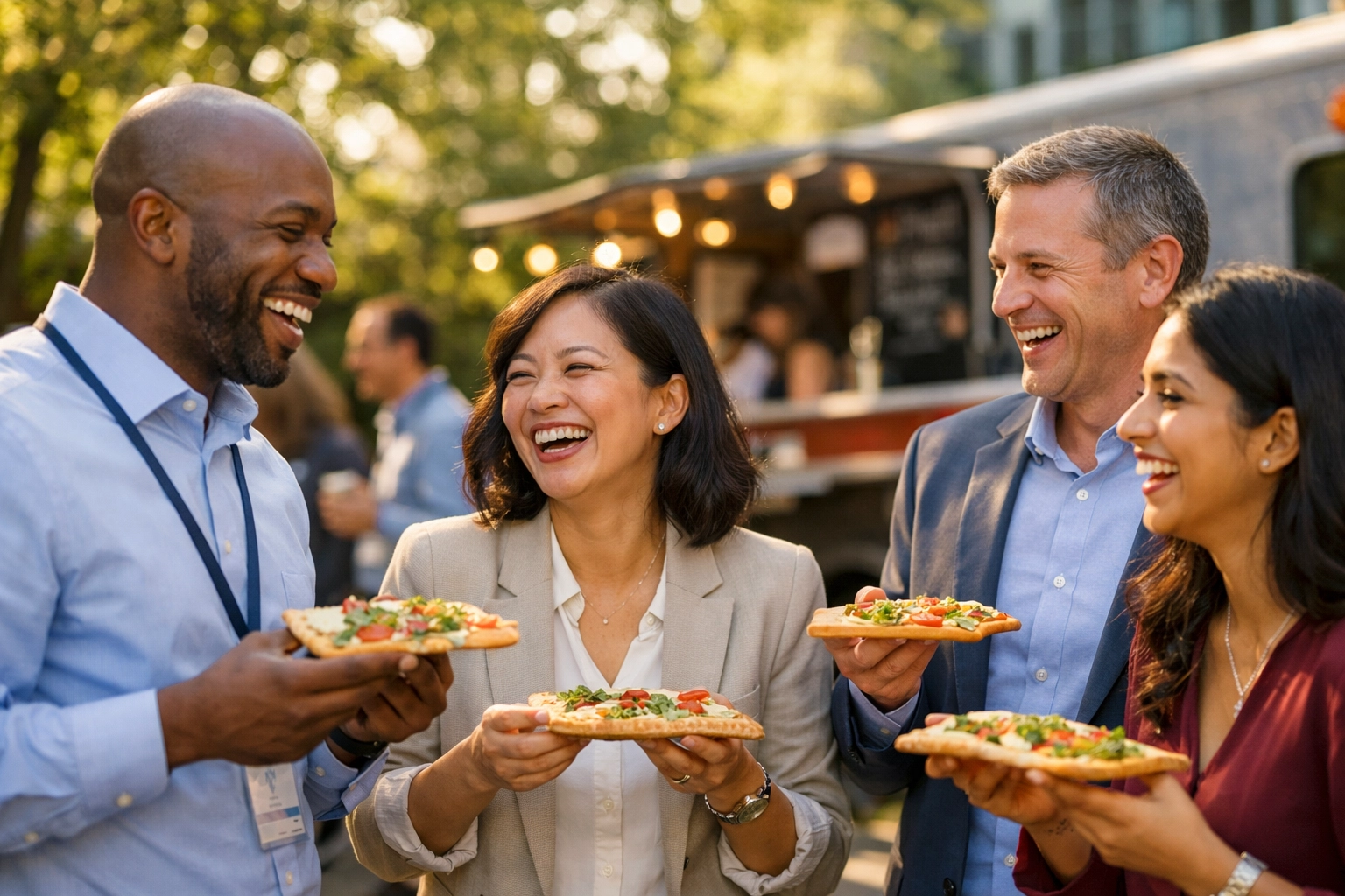 Corporate employees enjoying BBQ food truck catering at outdoor office event in Utah