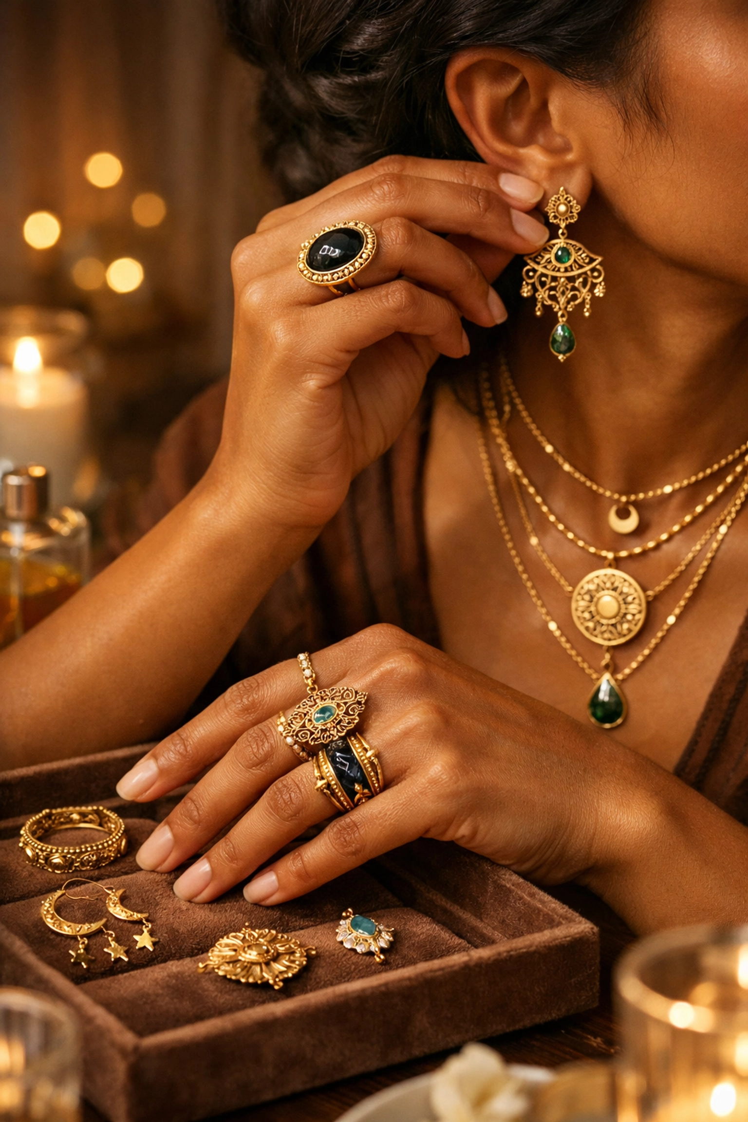The Beginner's Guide to Shopping Black-Owned Brands: Everything You Need to Succeed Hands trying on artisan jewelry from Black-owned brands including gold necklaces and rings