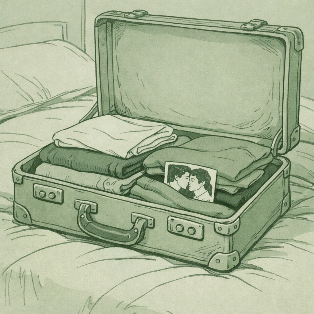 Open suitcase with hidden photograph of gay couple escaping Russia's anti-LGBTQ laws