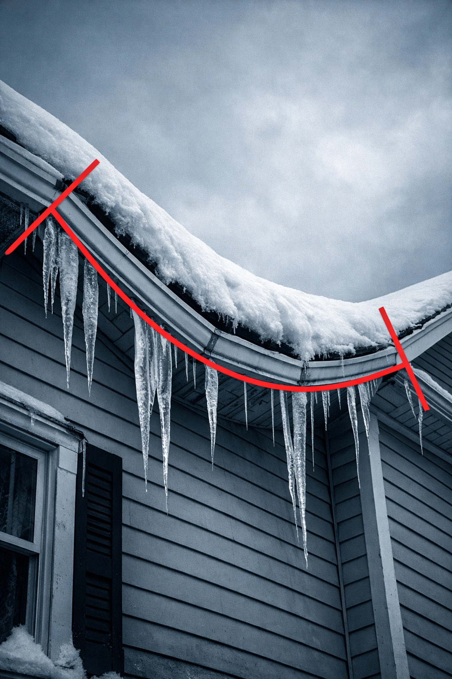 Residential roof with sagging roofline and ice dams from heavy snow load in Salisbury Maryland