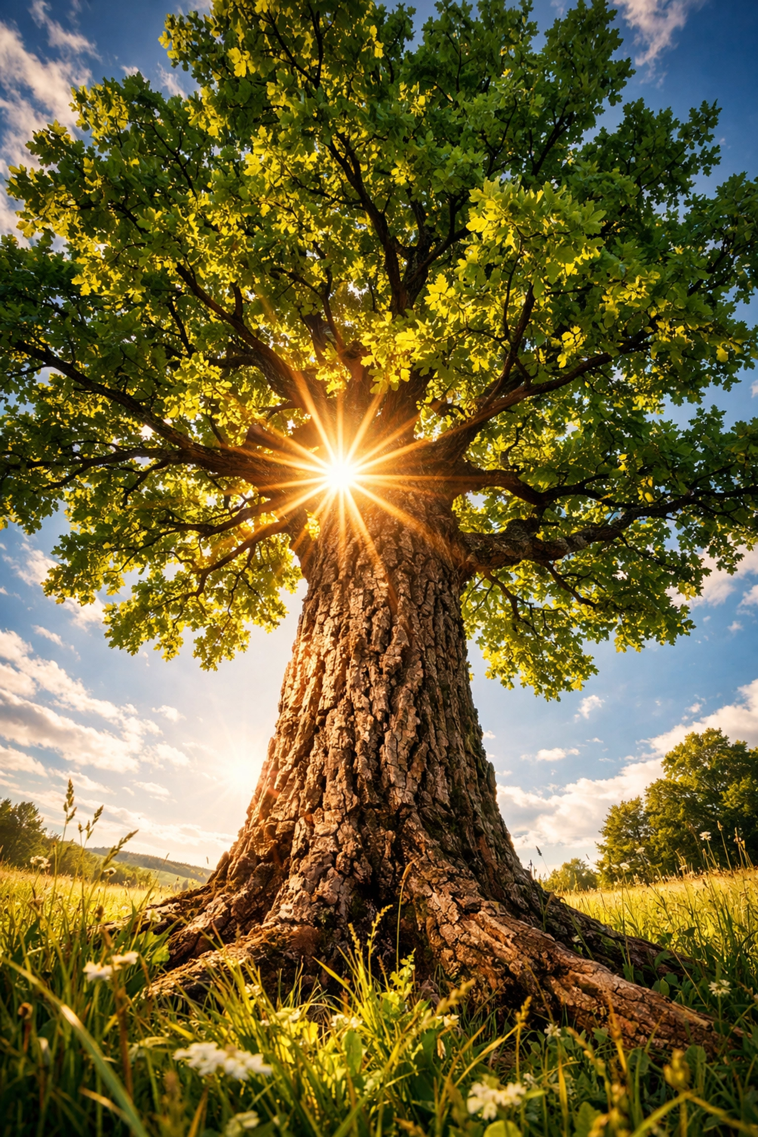 A strong oak tree in a meadow, symbolizing the deep-rooted stability of an independent life insurance plan.