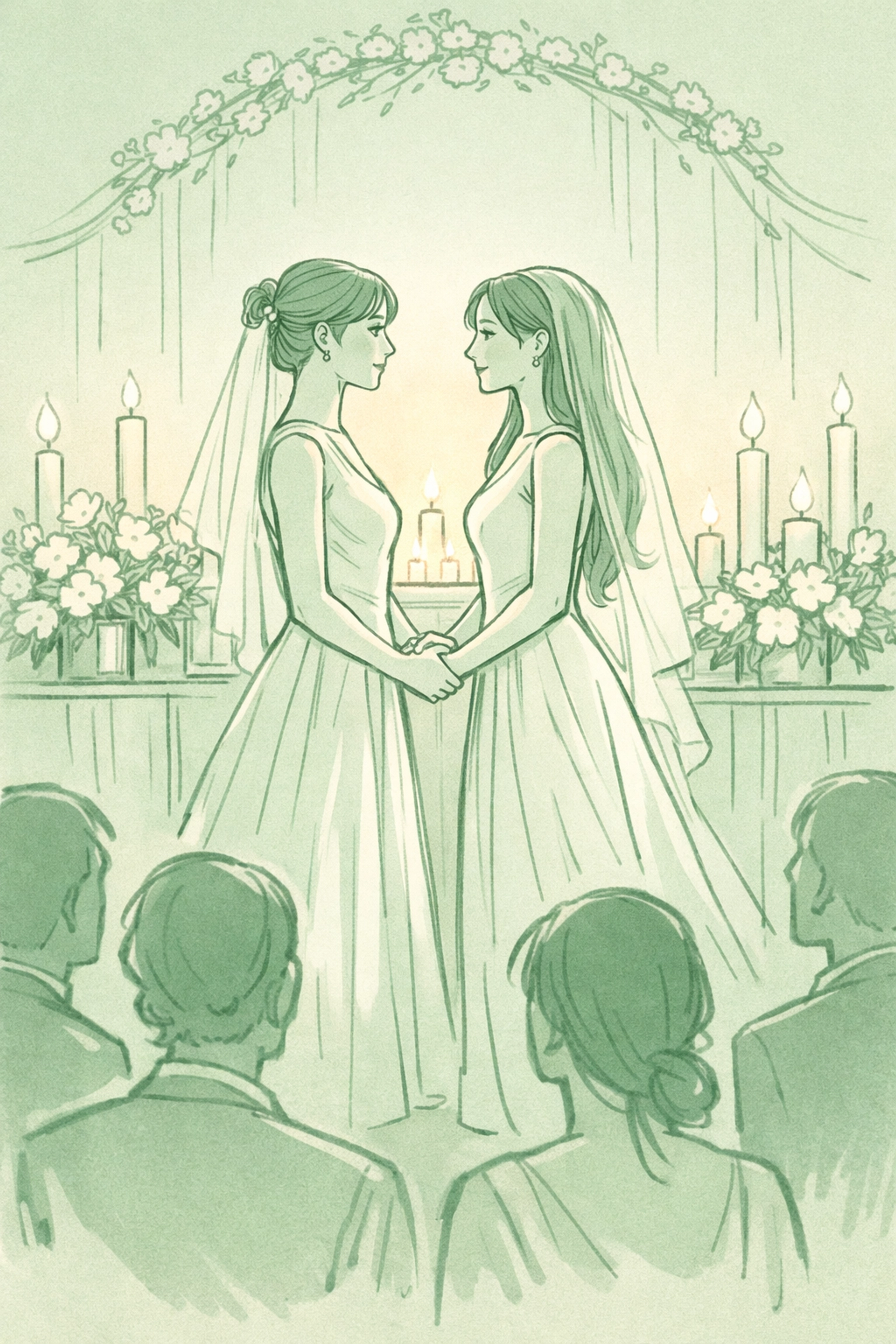 Two brides exchanging vows at candlelit altar in affirming same-sex wedding ceremony
