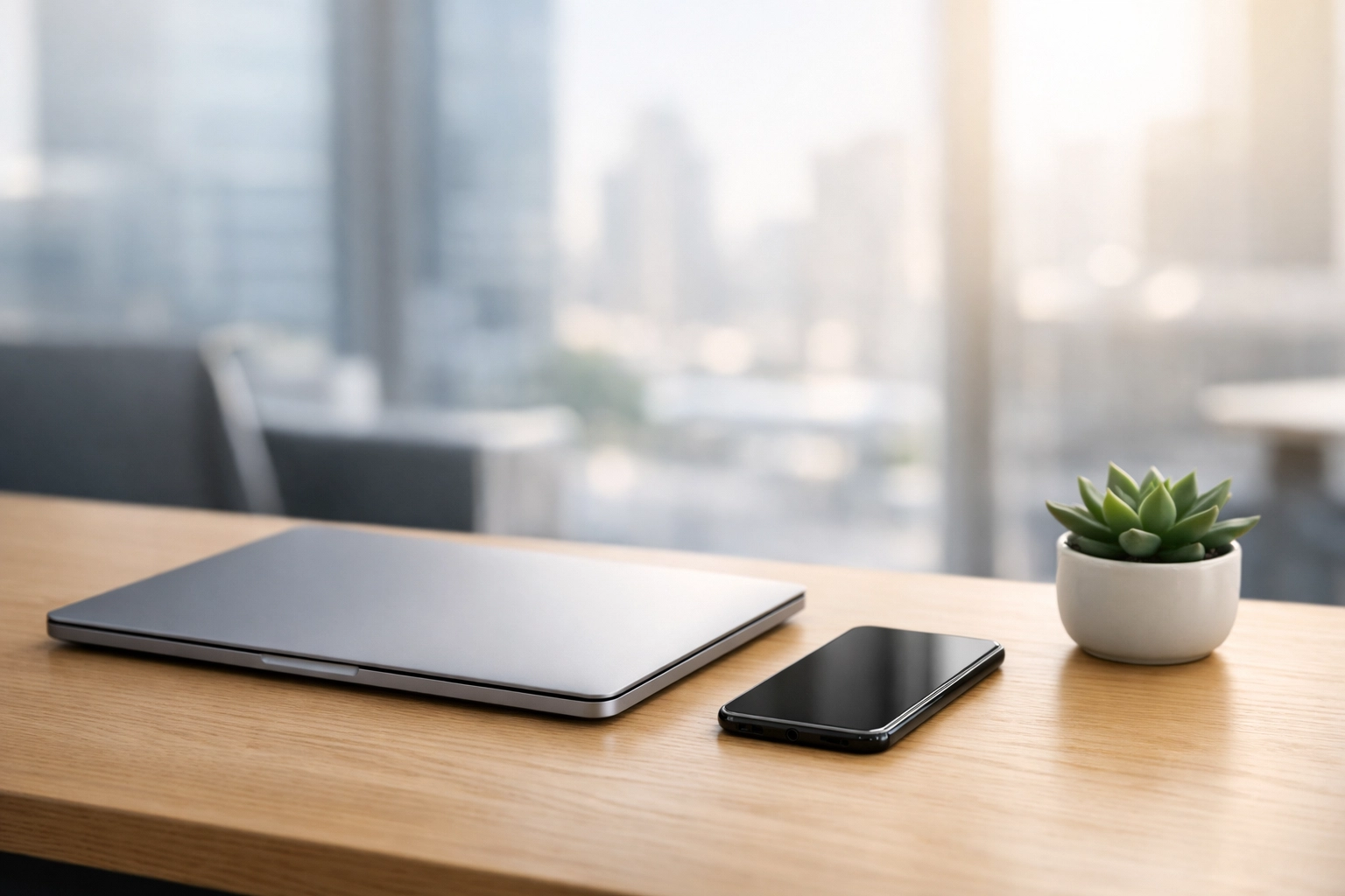 Clean executive workspace with a laptop and phone representing digital management for a commercial cleaning business.