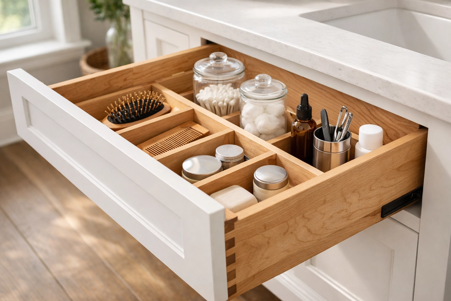 Custom maple bathroom vanity drawer with integrated dividers for organized storage solutions in Minnesota.