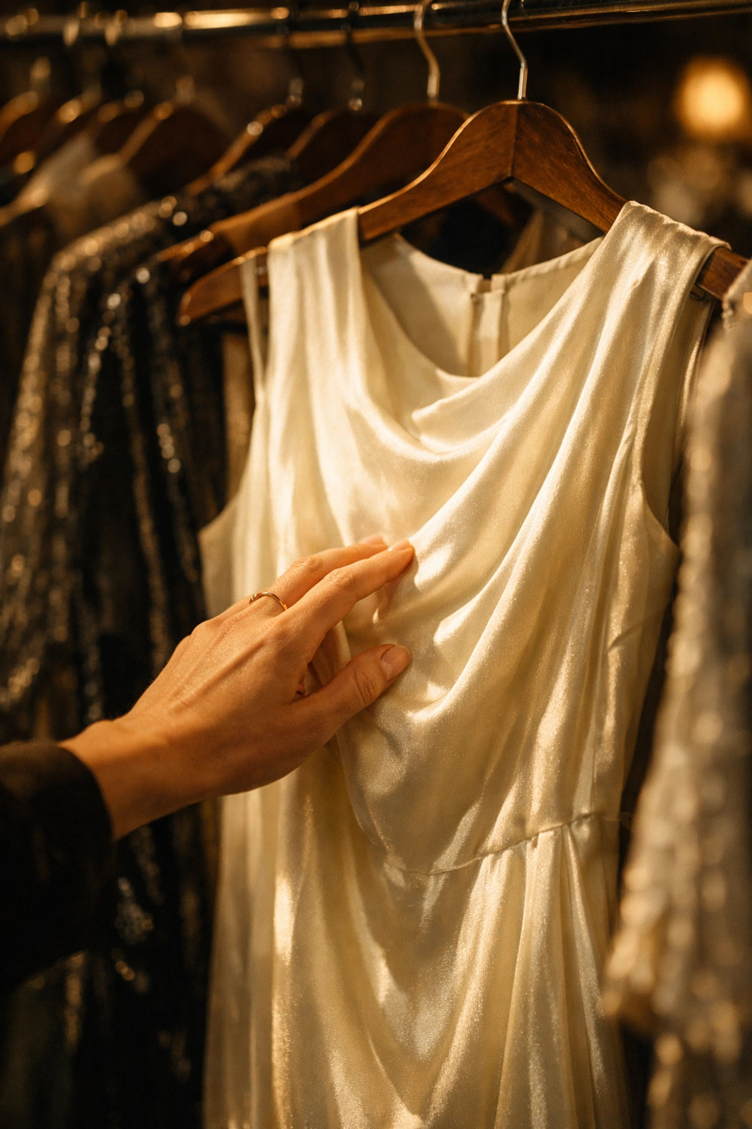 Sourcing vintage designer clothes at a boutique to find high-value Narciso Rodriguez silk gowns.
