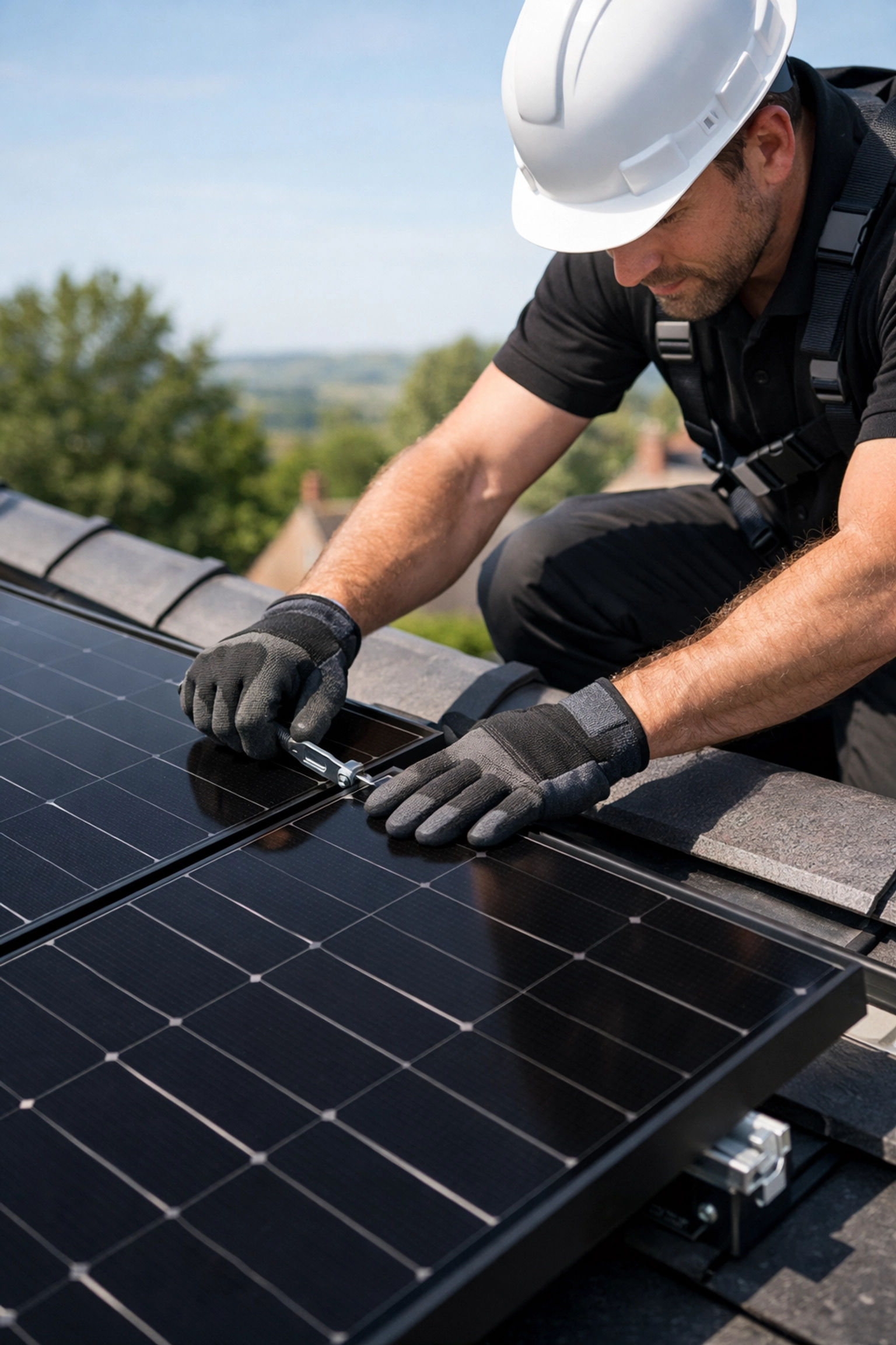 MCS-accredited professional installing high-efficiency solar panels on a residential roof in Ferndown, Dorset.