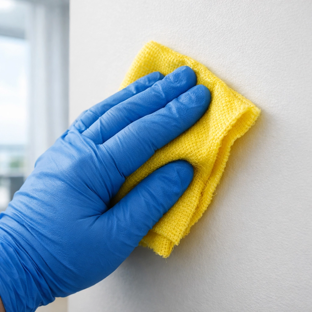 A yellow tack cloth wiping away the final bits of drywall dust for a professional clean finish.