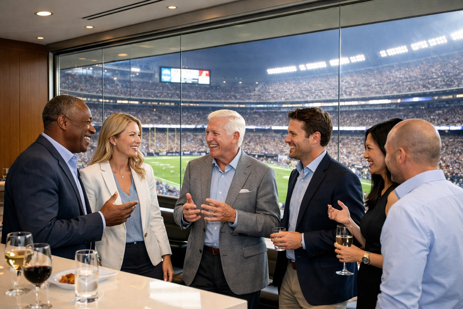 Executives networking in a luxury Super Bowl suite overlooking the stadium during a corporate event.