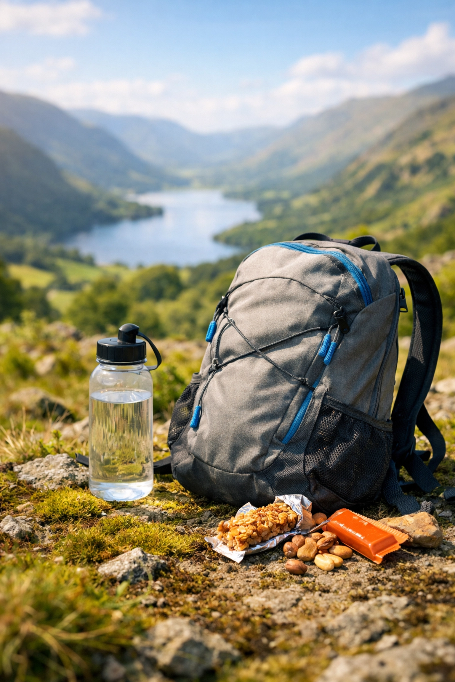 Lightweight daypack with water and snacks on Lake District hiking trail
