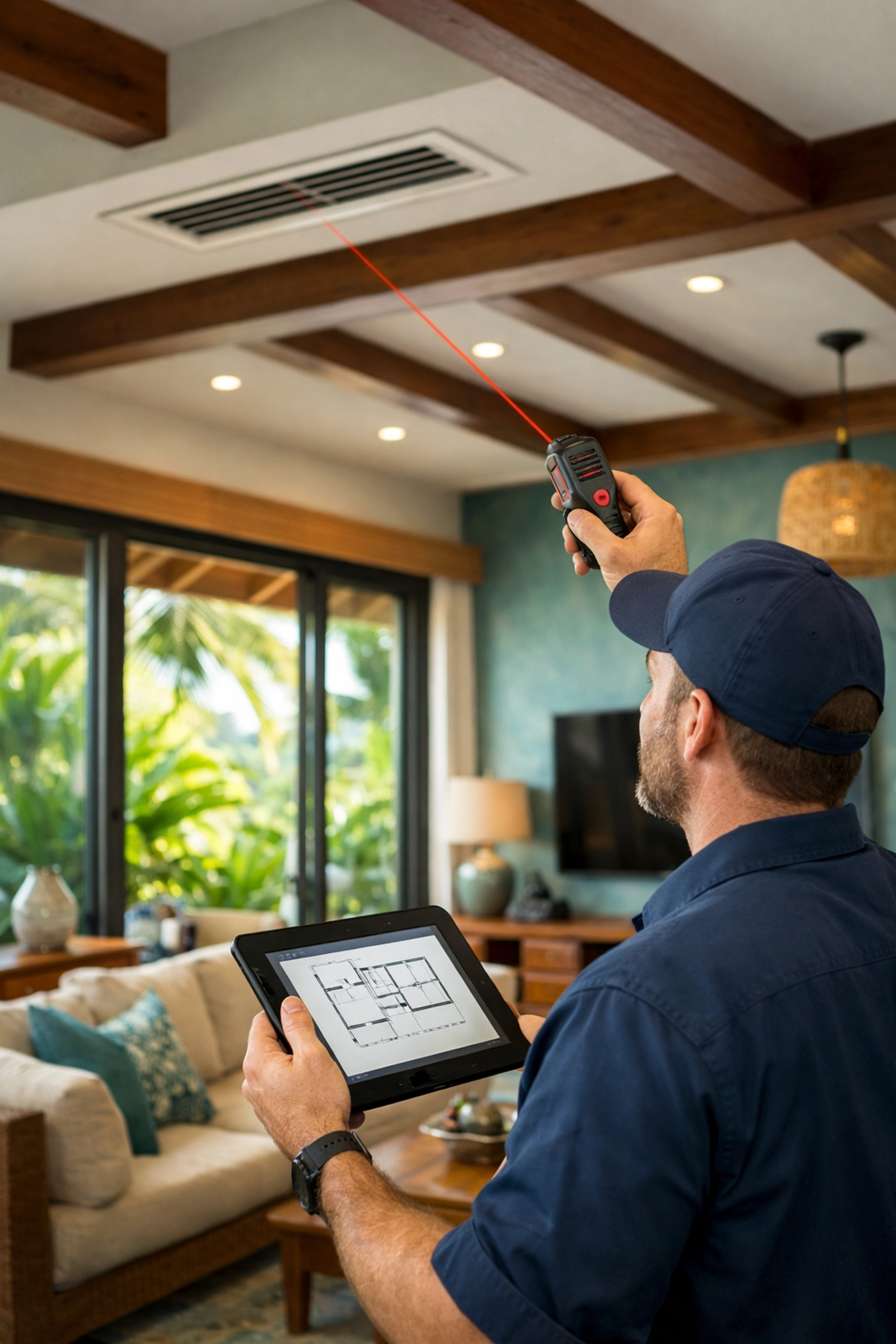 HVAC technician performing load calculation for air conditioning installation Maui property