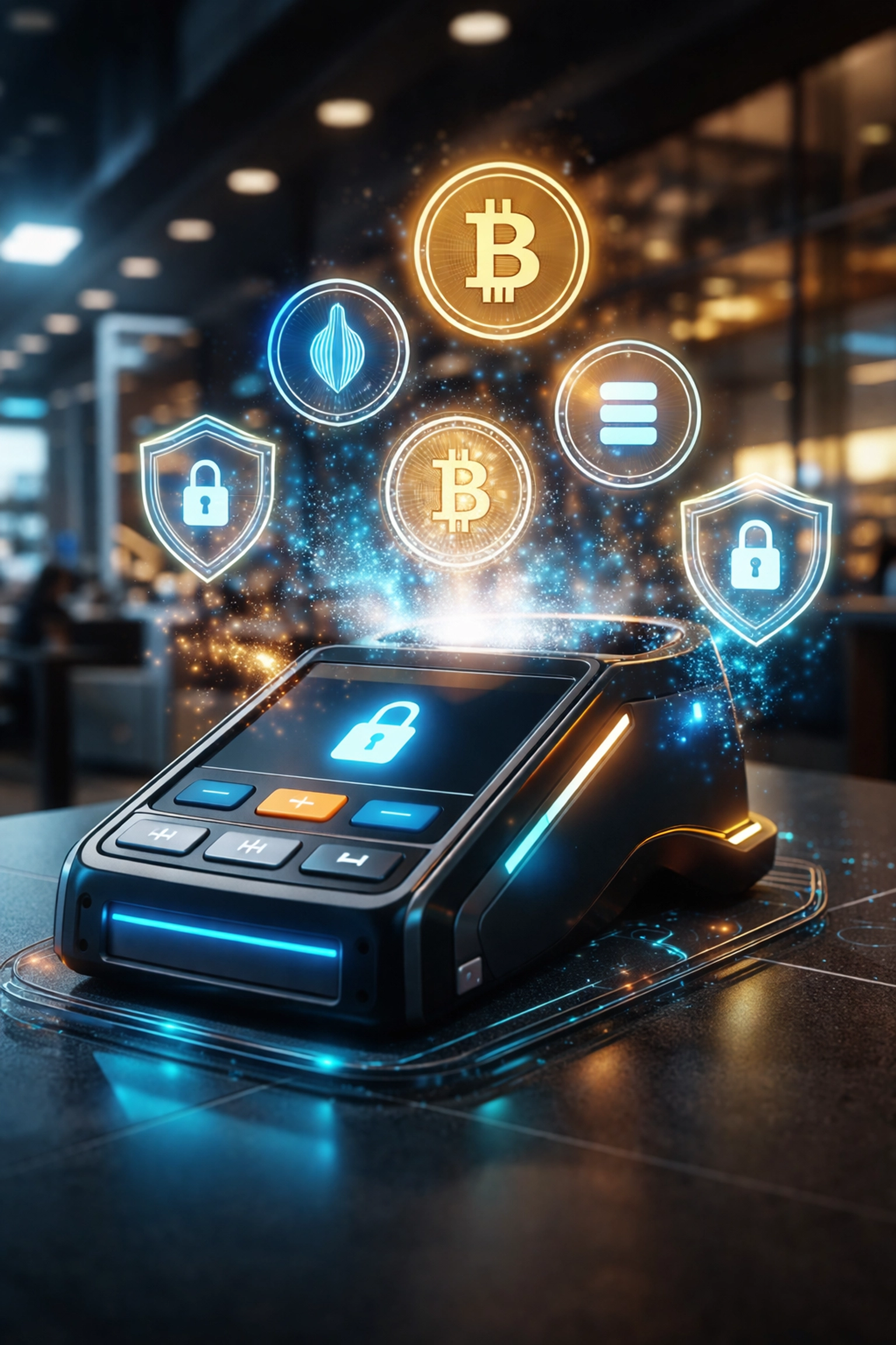 Futuristic crypto POS terminal with security symbols highlighting self-custody and Web3 payments for retailers