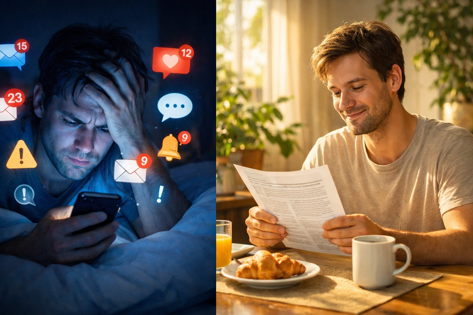 Contrast between anxious phone checking and peaceful morning reading with coffee