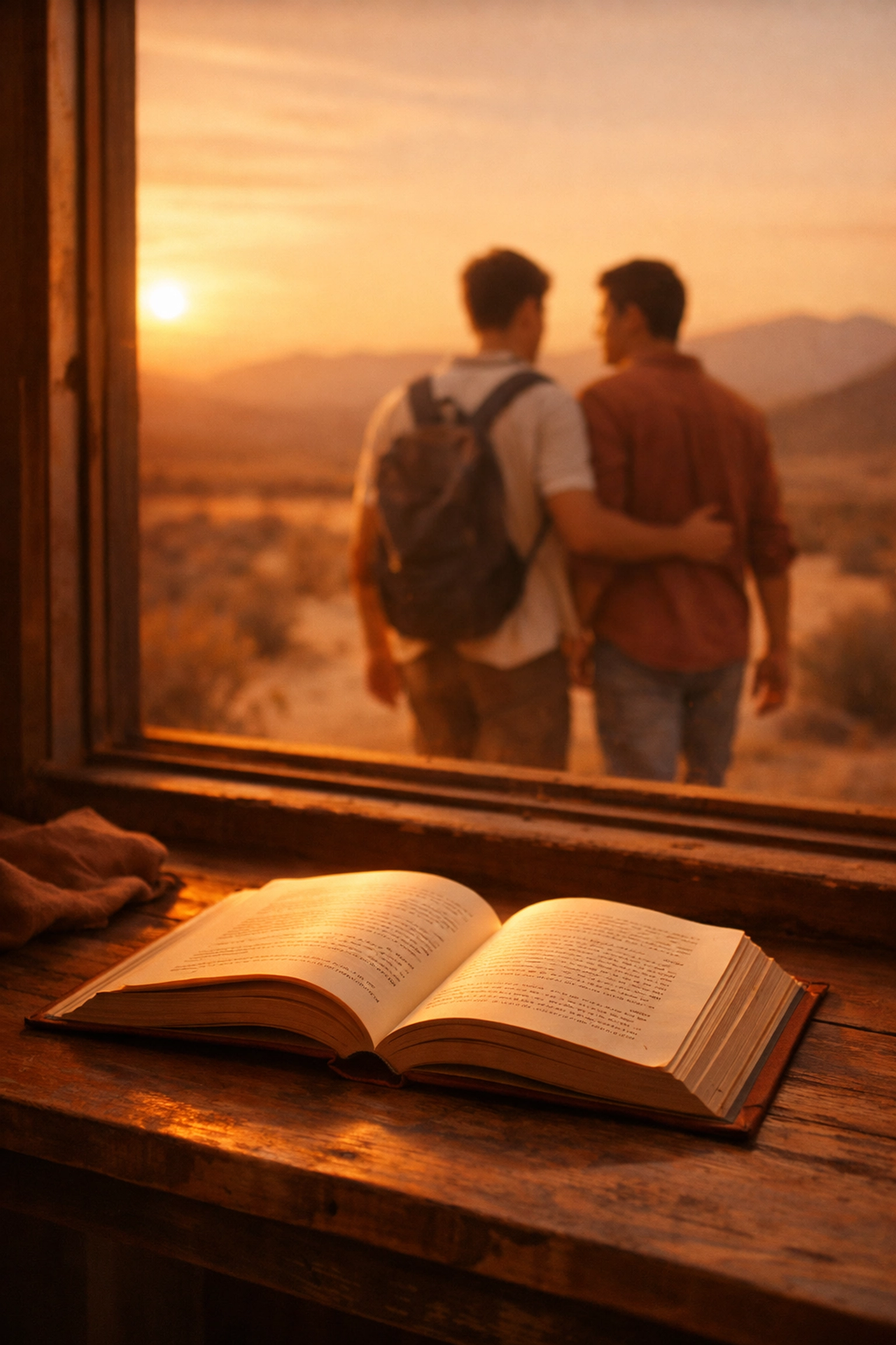 Open book with Latino couple in desert sunset - slow burn MM romance literary fiction