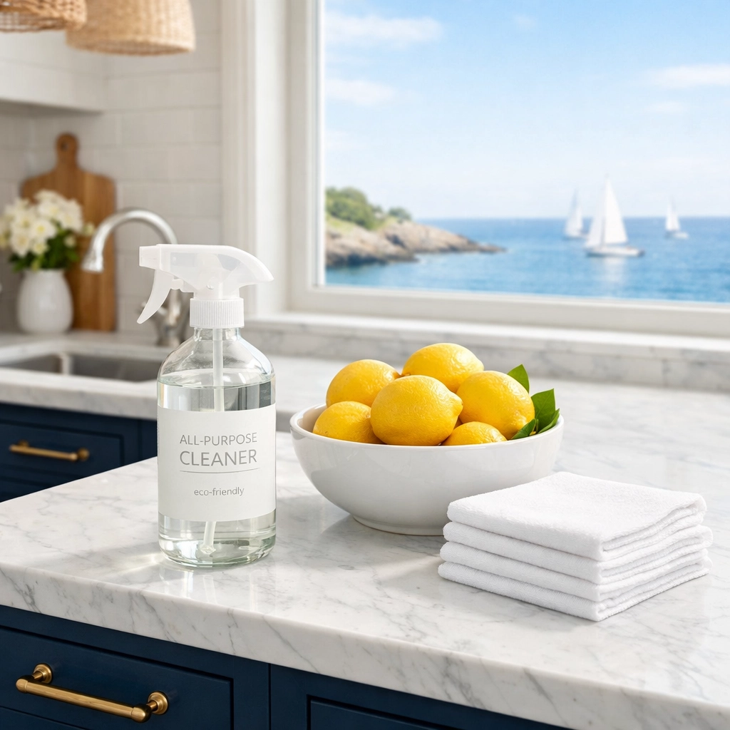 Eco-friendly Marblehead residential cleaning using non-toxic products in a luxury coastal kitchen.
