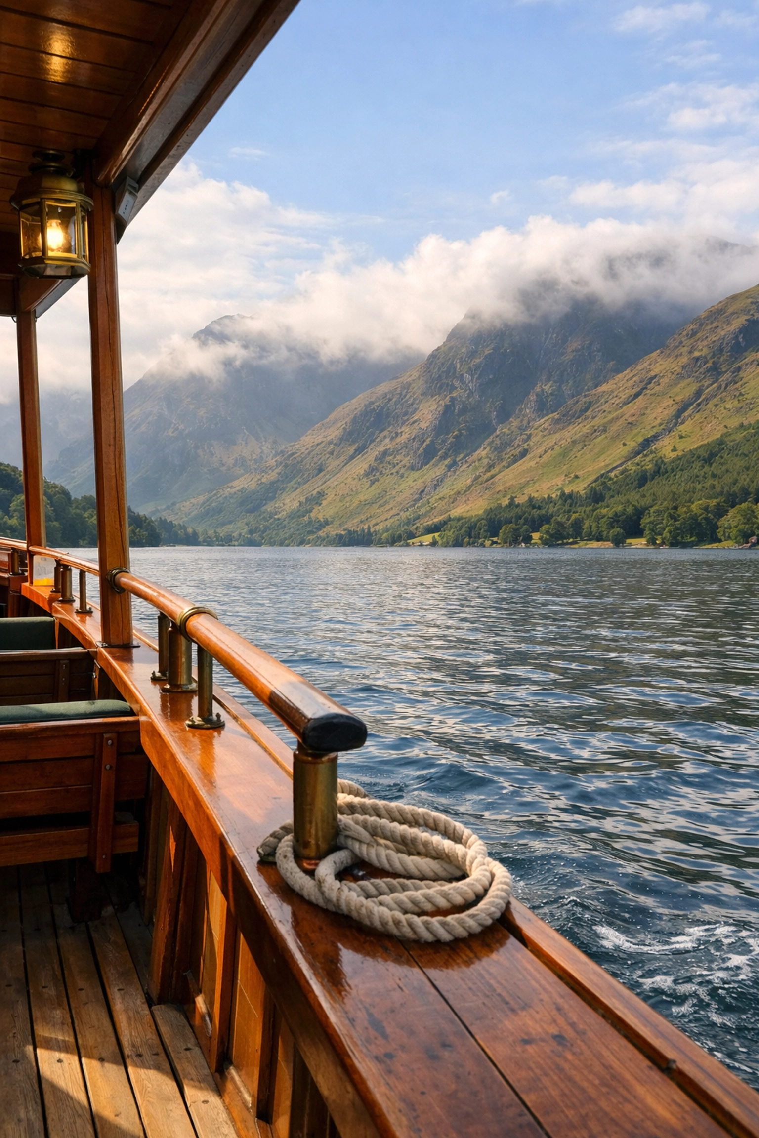A peaceful lake cruise on a wooden boat with views of rugged mountains, a common feature of guided walks in the UK.