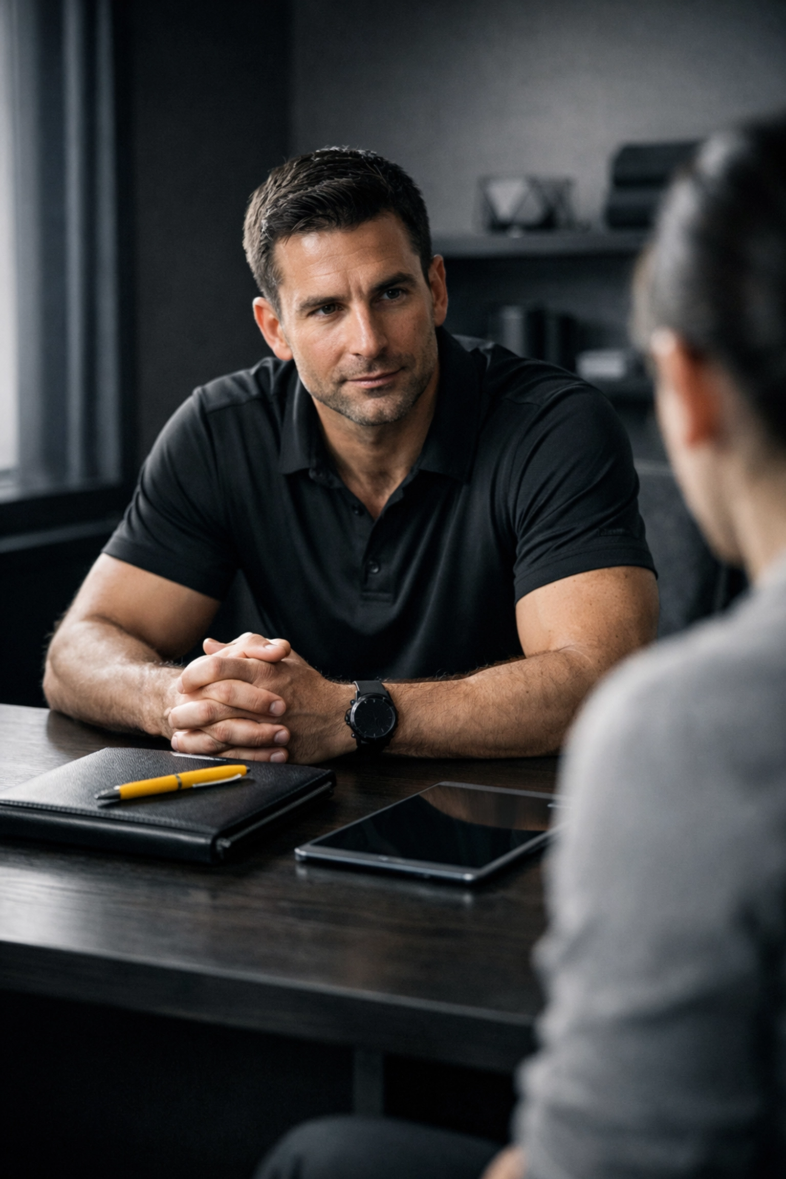 Fitness consultation taking place in a modern gym with a trainer reviewing a client plan on a tablet.