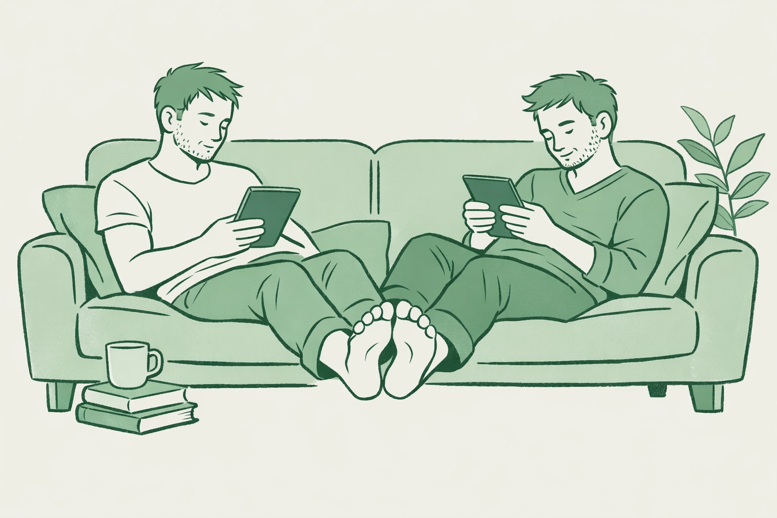 An empathetic male couple reading LGBTQ+ ebooks together, representing the quiet joy of MM romance.