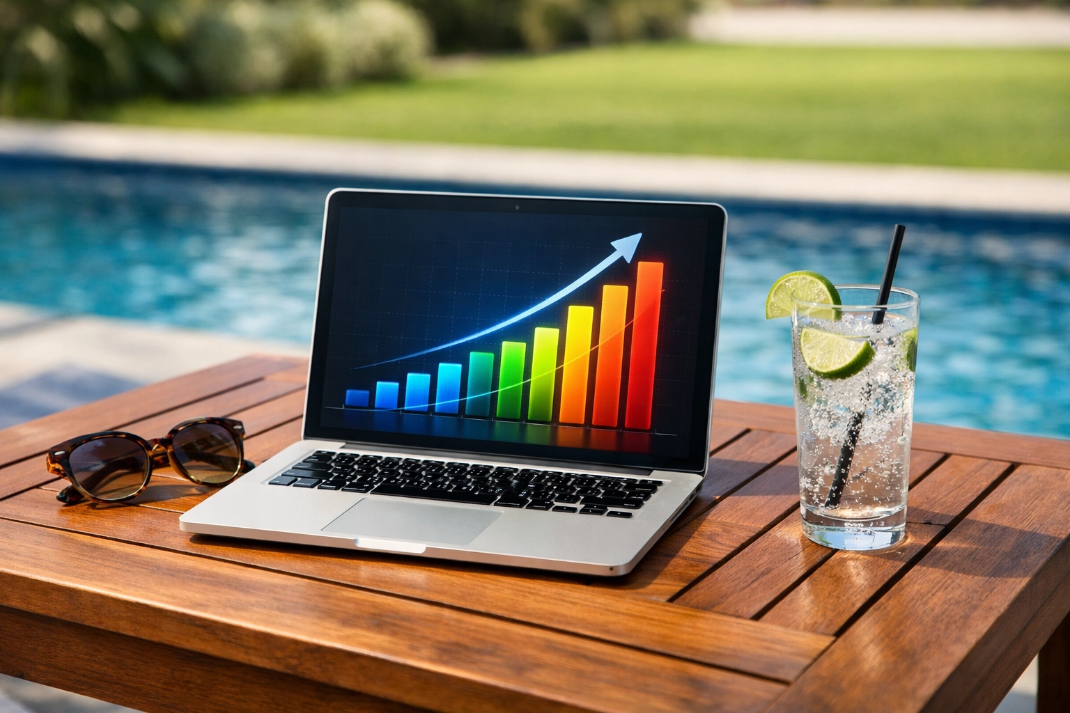Laptop displaying a business growth chart by a swimming pool, illustrating a profitable pool route investment.
